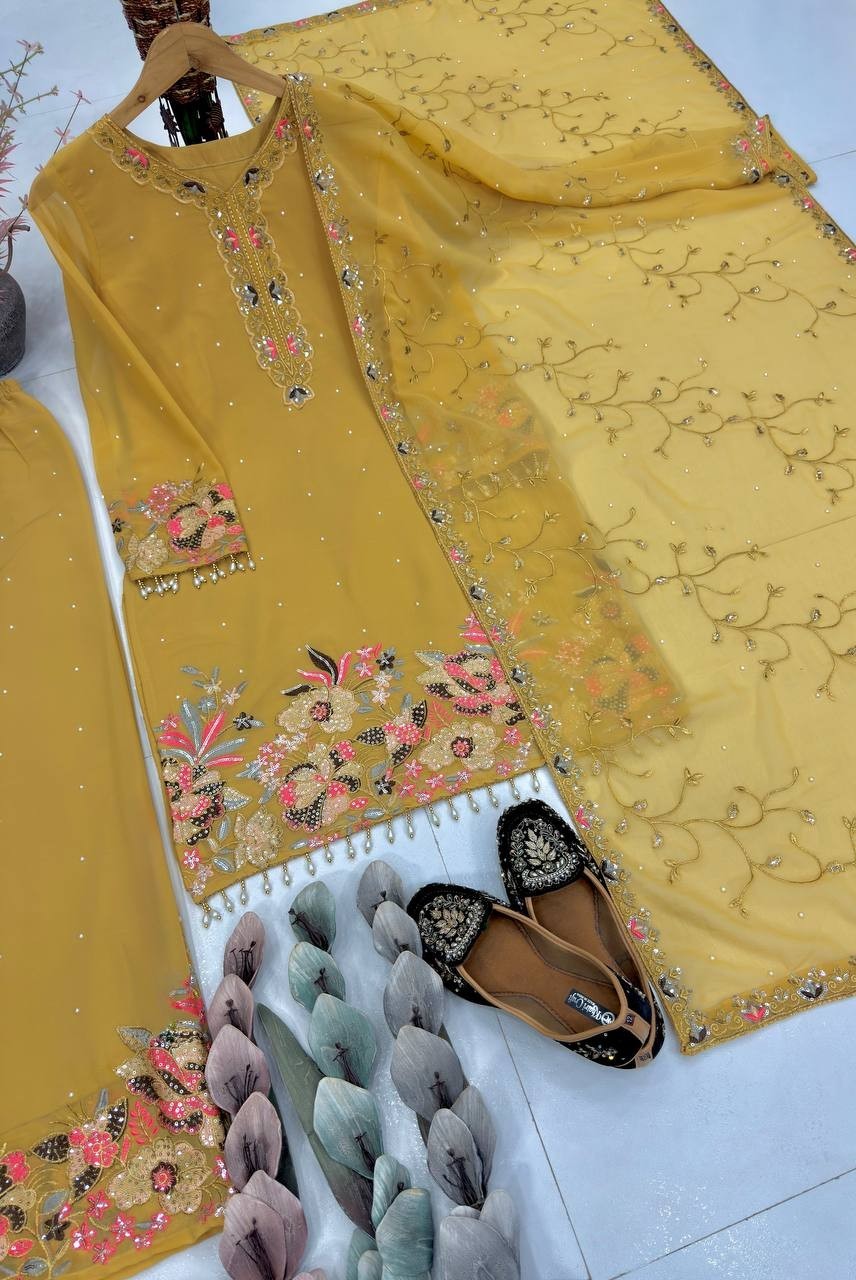 Exclusive Faux Georgette Yellow Top Palazzo With Dupatta For Festival Wear