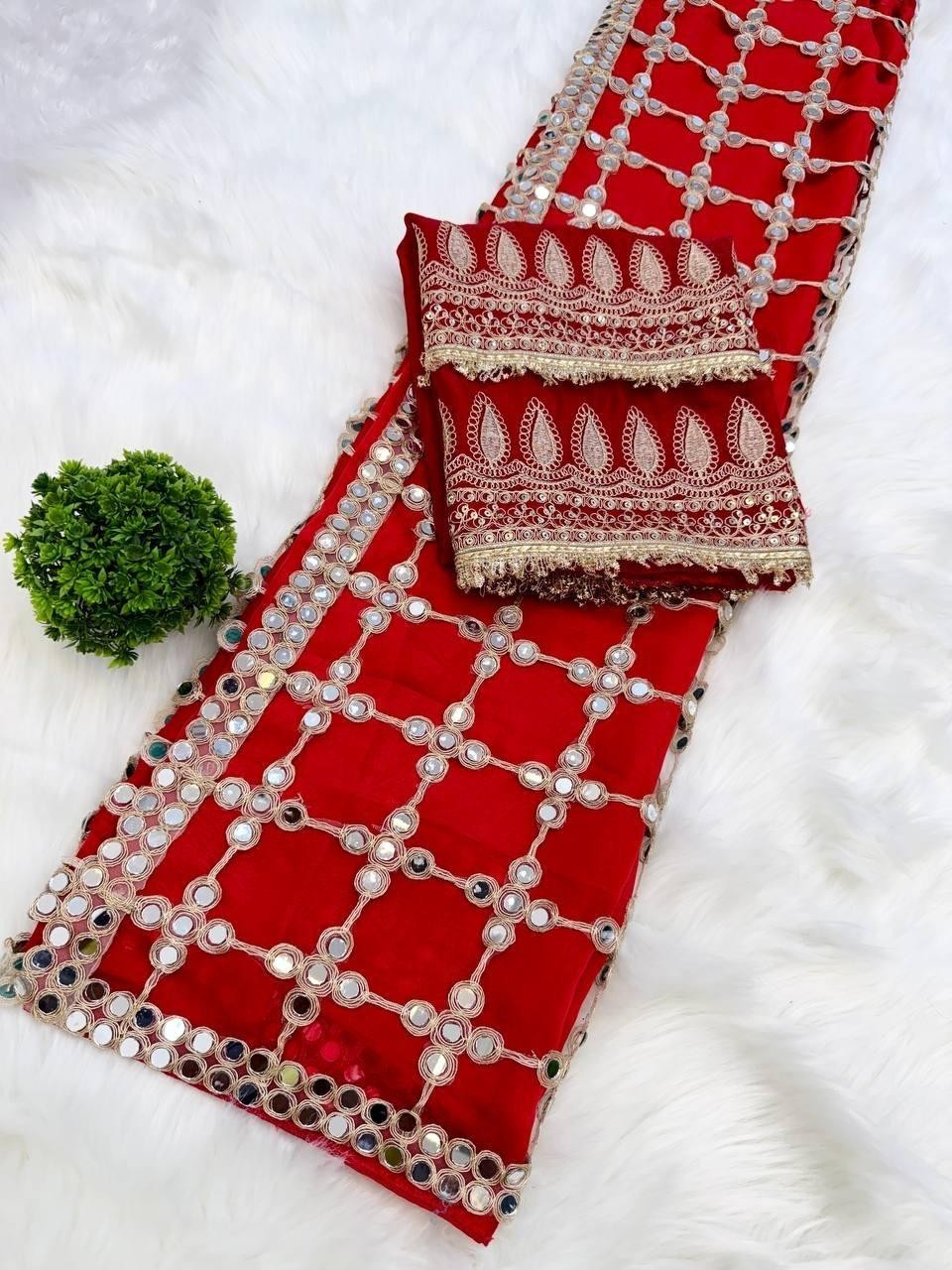 Designer Fendy Silk Red Color Saree with Mirror Work & Unstichhed Blouse