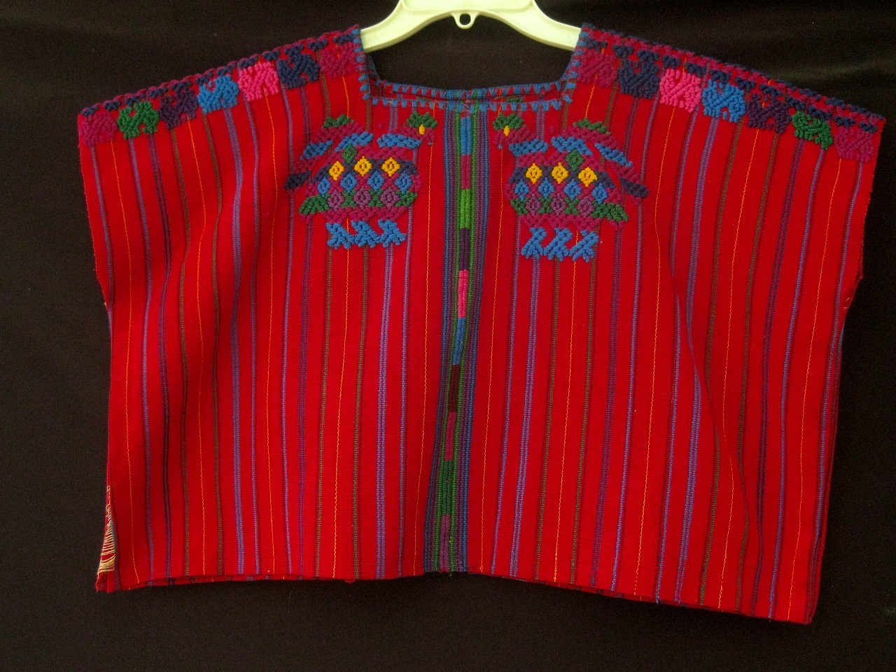 Vintage Guatemala Huipil~Rich Red Striped Gem ~Colorful Stitchery