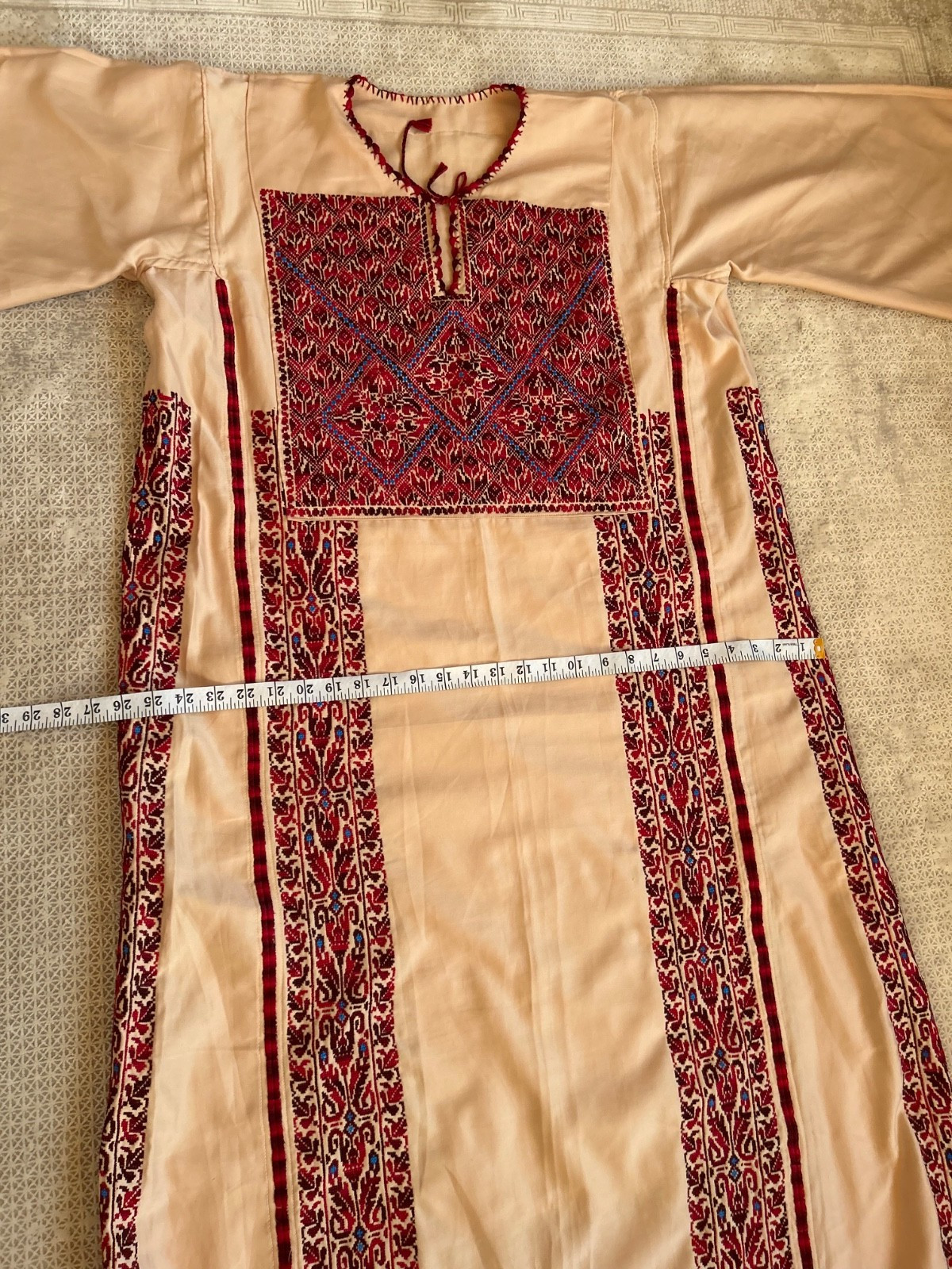 Beige Vintage Palestinian Traditional Thobe- Hand-Embroidered Tatreez Dress