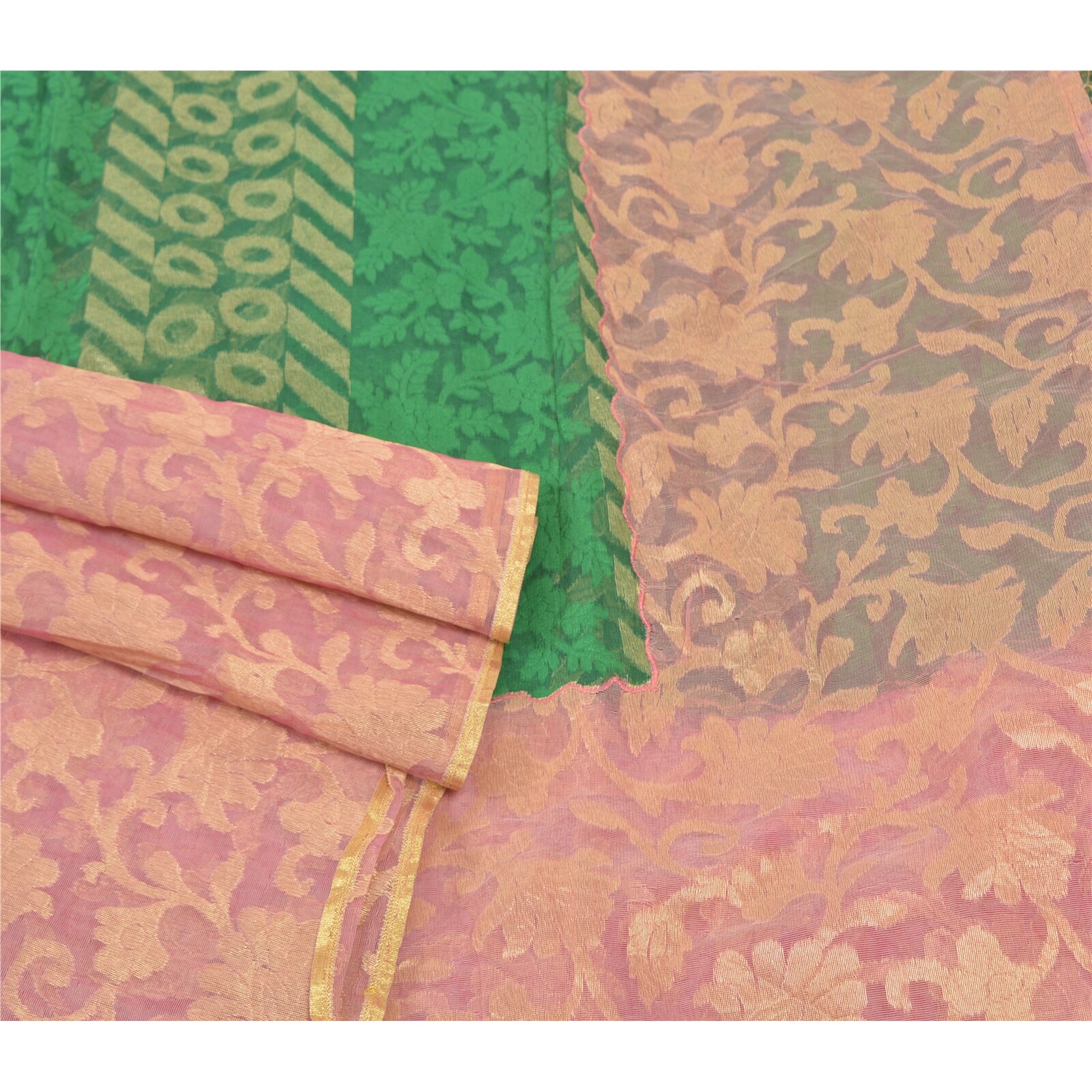 Sanskriti Vintage Green Sarees Net Mesh Woven Sari Premium 5 Yard Fabric