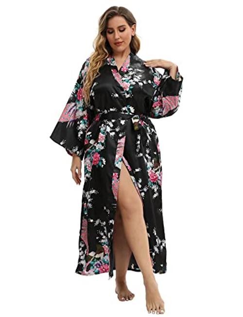 Women’s Floral Long Satin Robes Plus Size XX-Large-3X-Large Peacock | Black