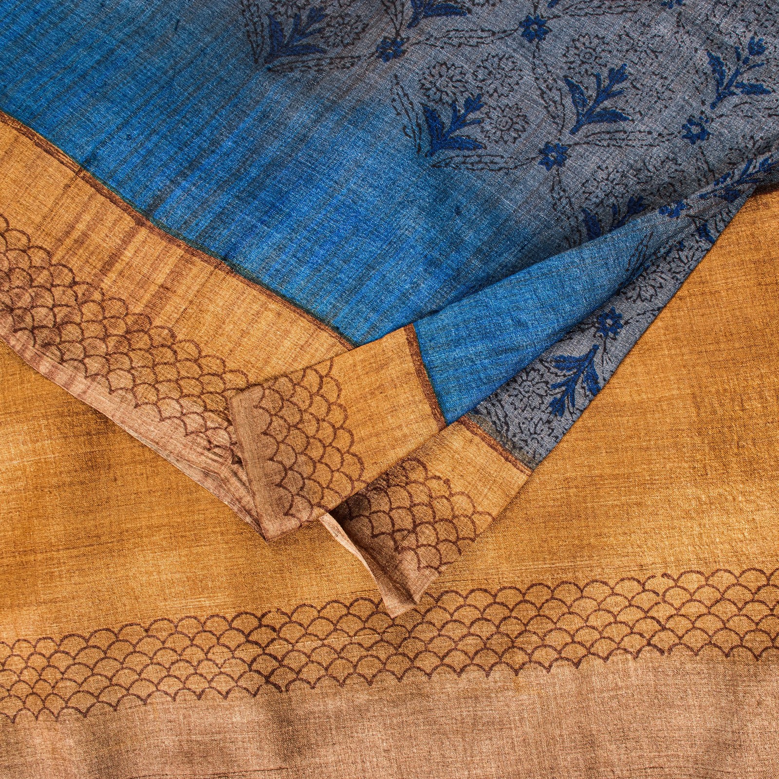 Sanskriti Vintage Sari Grayish Blue Pure Bamboo Silk Saree Hand Block Print 6+Yd