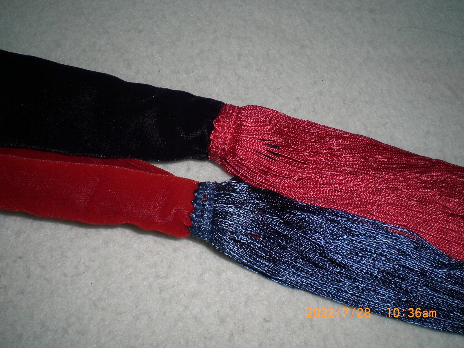 Gourd Dance Sash 1/2 Red w Blue 14″ Fringe, 1/2 Blue w Red 14″ Fringe