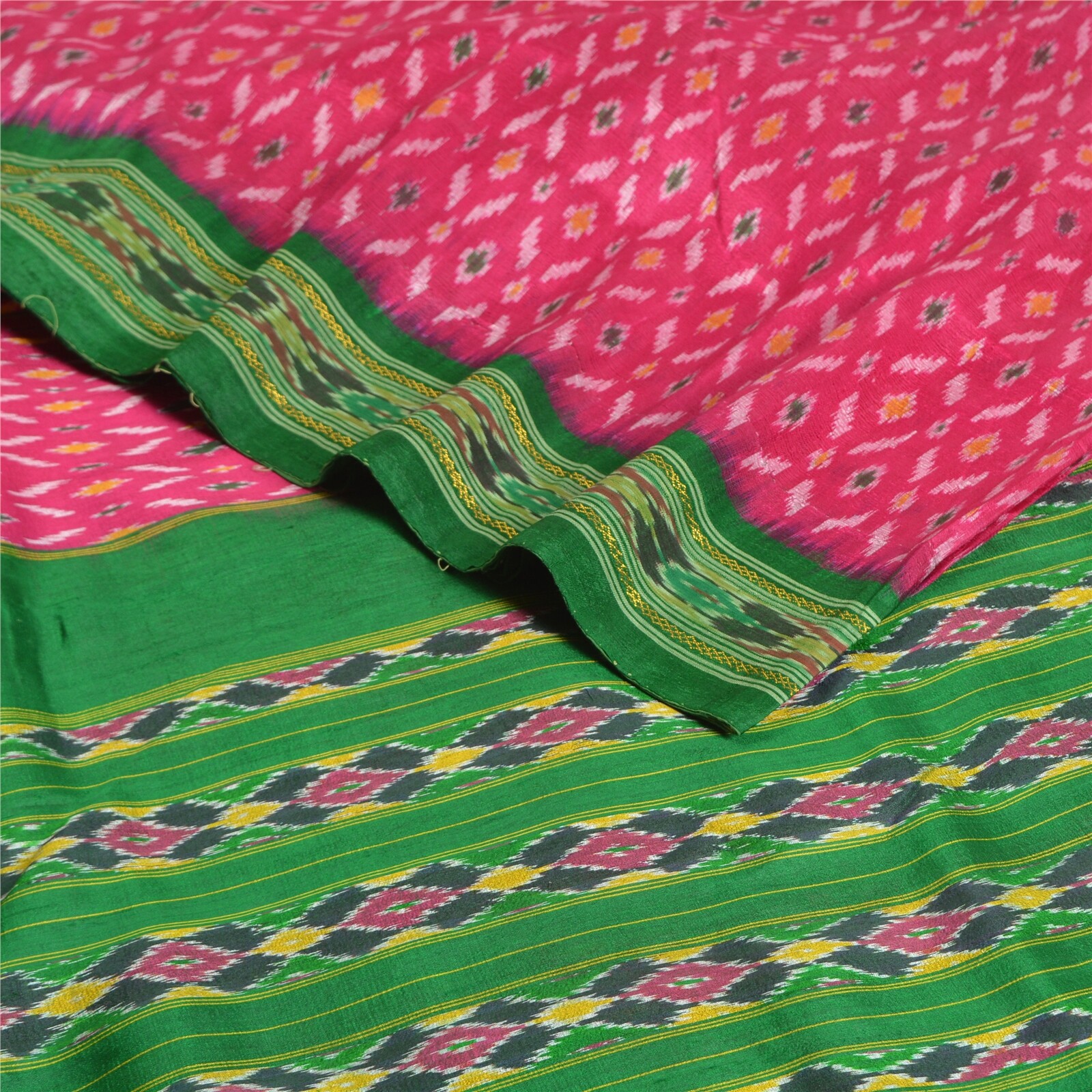 Sanskriti Vintage Saree Pink Sambhalpuri Hand Woven Ikat Pure Silk Sari Fabric
