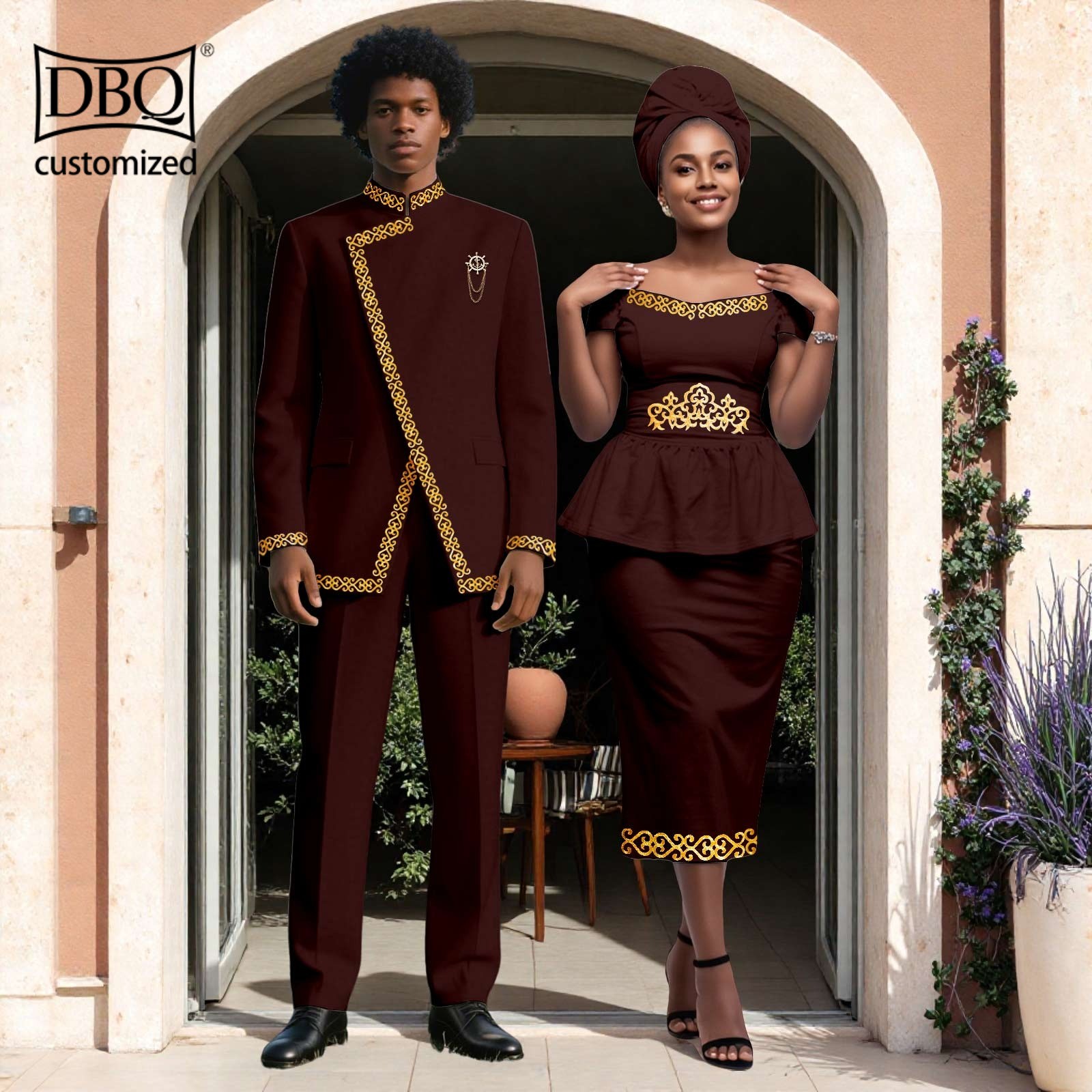 African Couple Wedding Clothes Solid Men Jacket Pants Set Women Shirt Skirt Set
