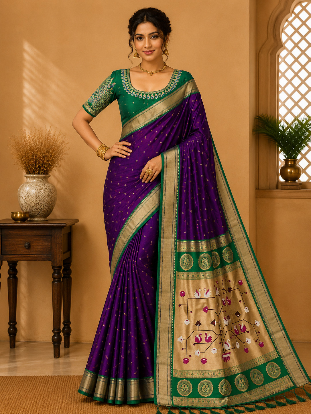 Paithani Silk Saree With Peacock Motifs & Heavy Zari Border Designer Wedding