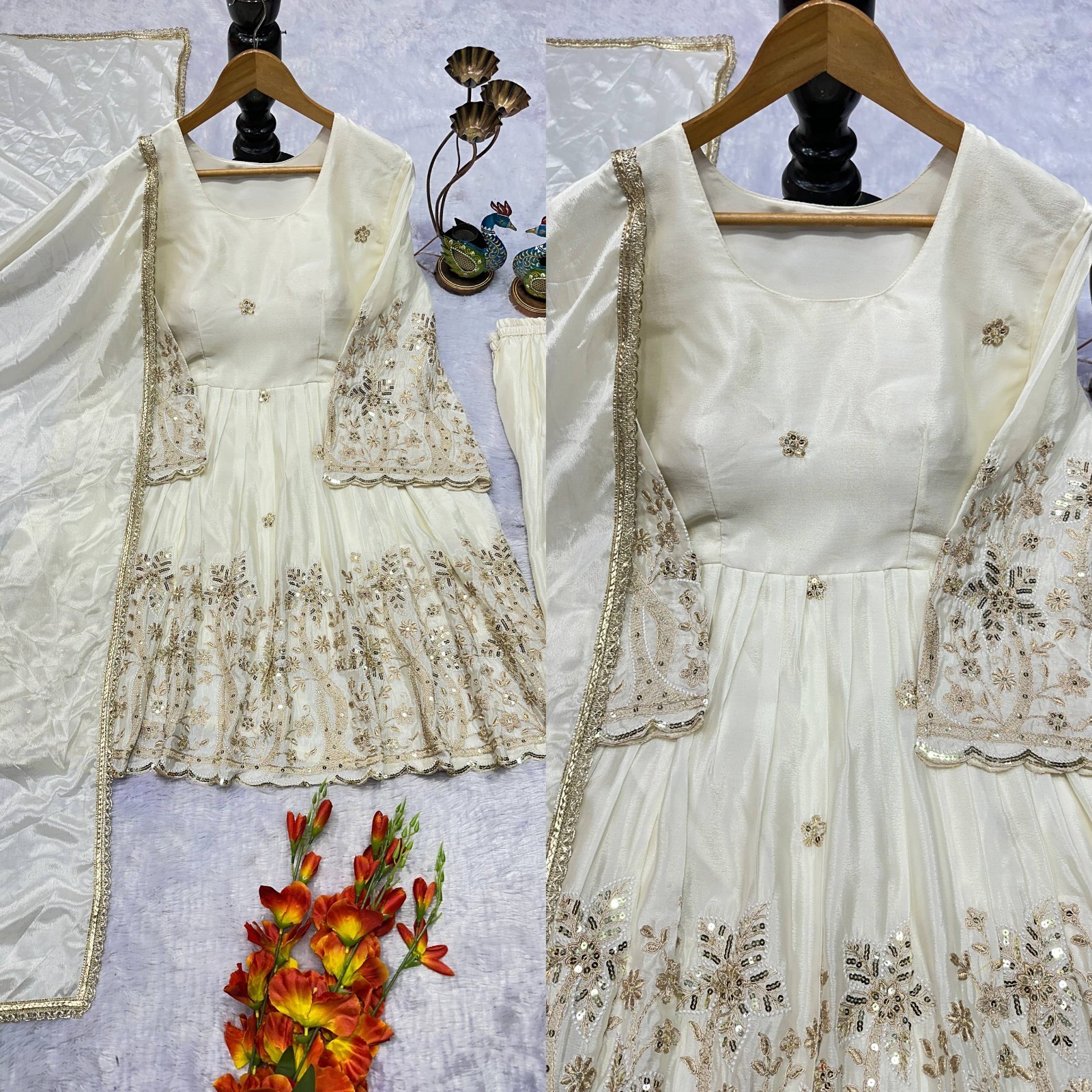 Premium Designer Chinnnon Silk Kurta Palazzo With Dupatta For Wedding Wear