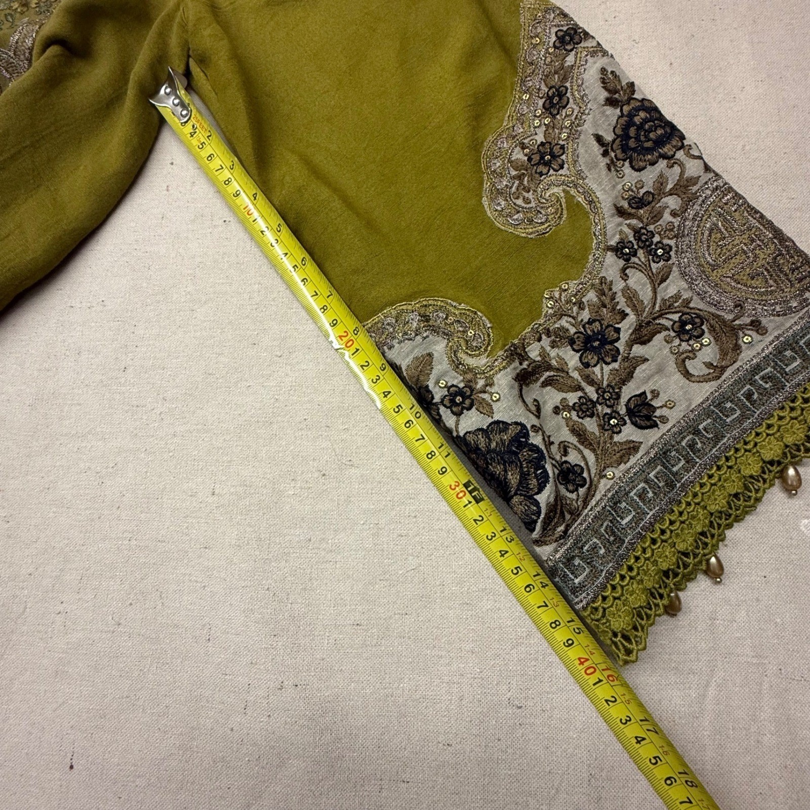 Maria B Olive Green Embroidered Kurta Tunic Women Medium Floral Sequin Lace Trim