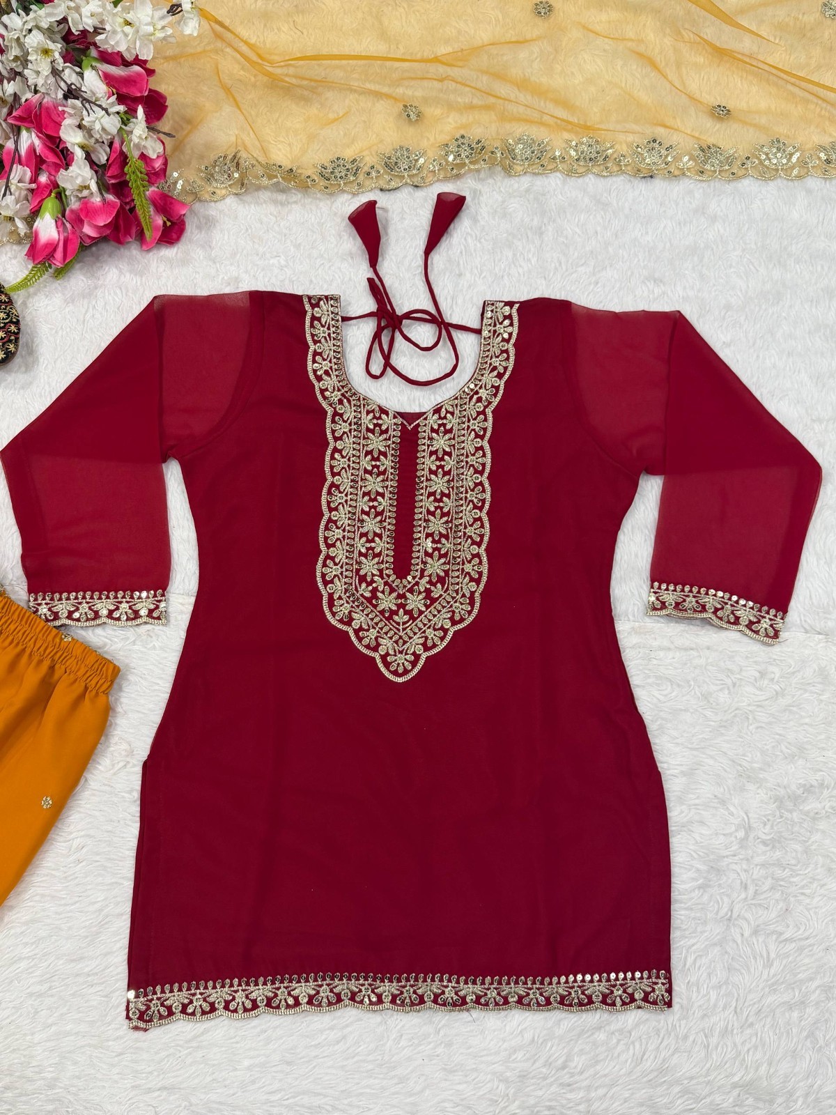 Presenting New Faux Georgette Kurta Palazzo With Net Dupatta For Women