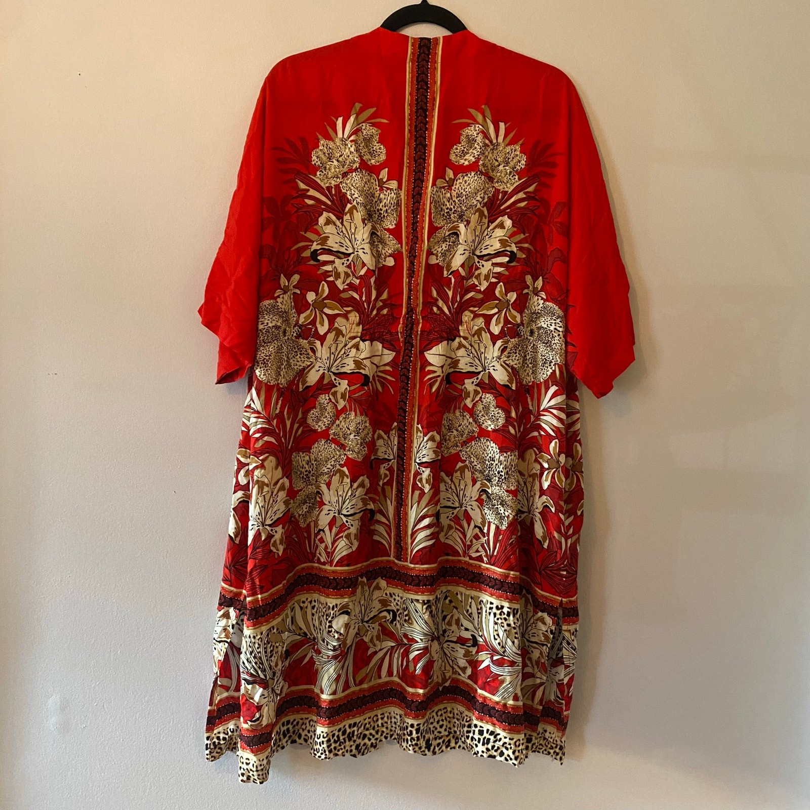 Chico’s Red Floral Animal Print Art Nouveau Kimono Cardigan Robe Small / Medium