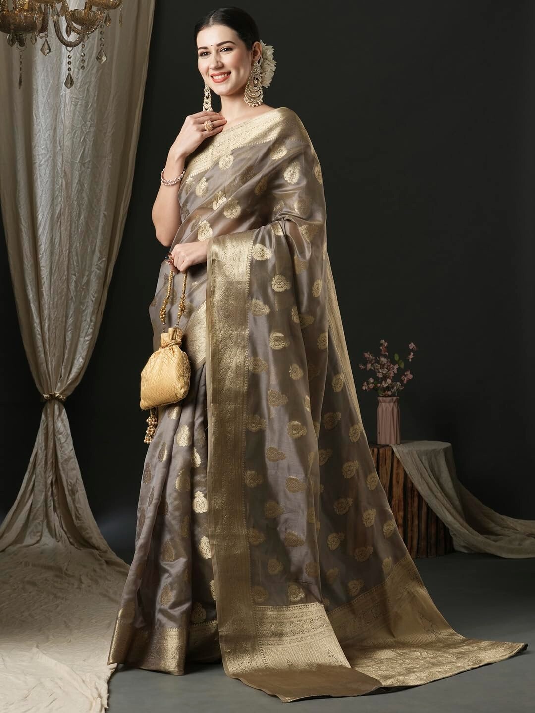 Women’s Organza Ethnic Motif Woven Design Saree With Unstitched Blouse Piece