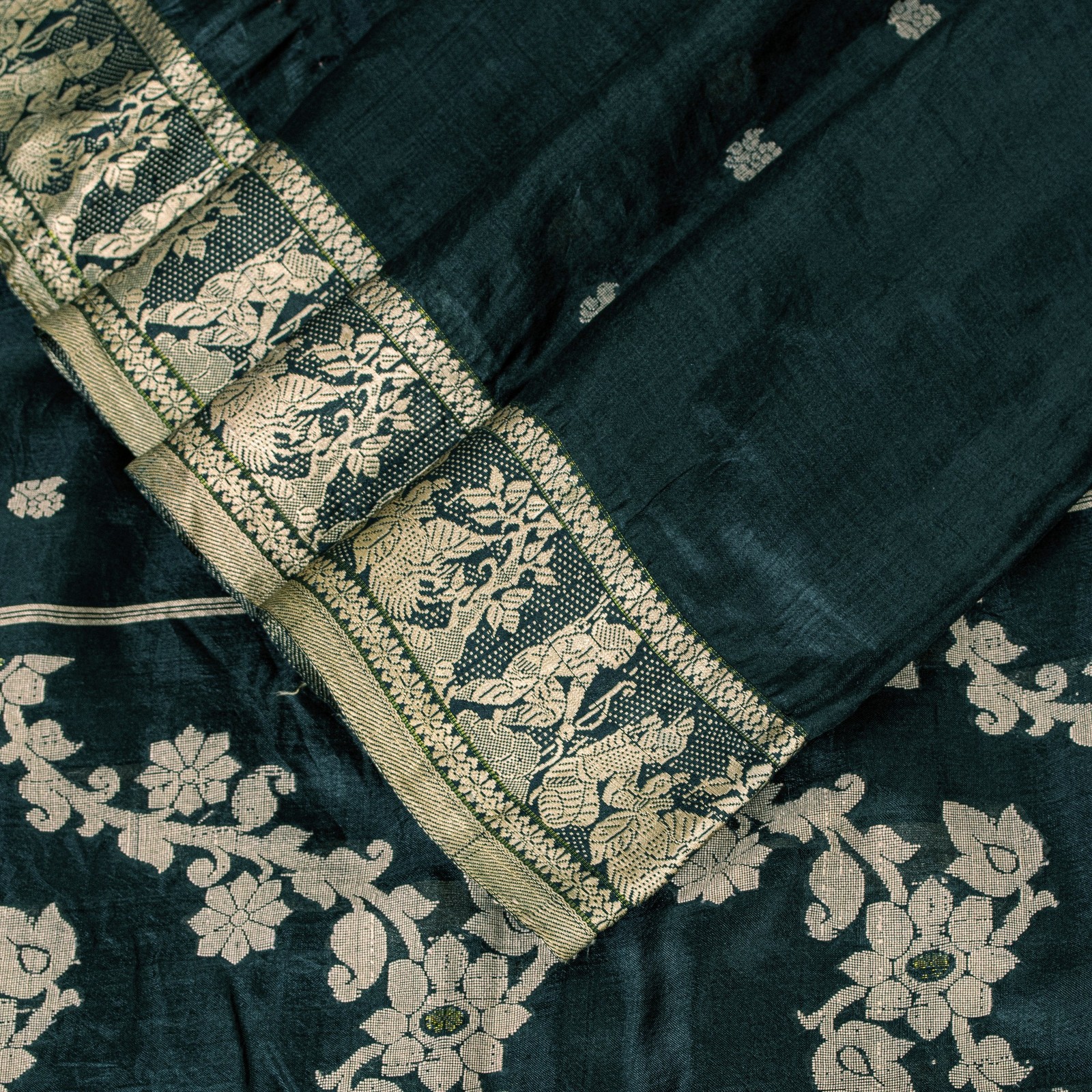 Sanskriti Vintage Green Pure Silk Saree Hand Woven Sari West Bengal 6+Yd Fabric