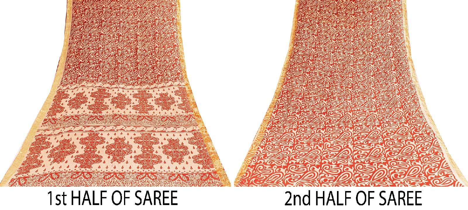 Sanskriti Vintage Sarees Red Pure Cotton Paisley Print 5+Yd Sari For Up Cyclers