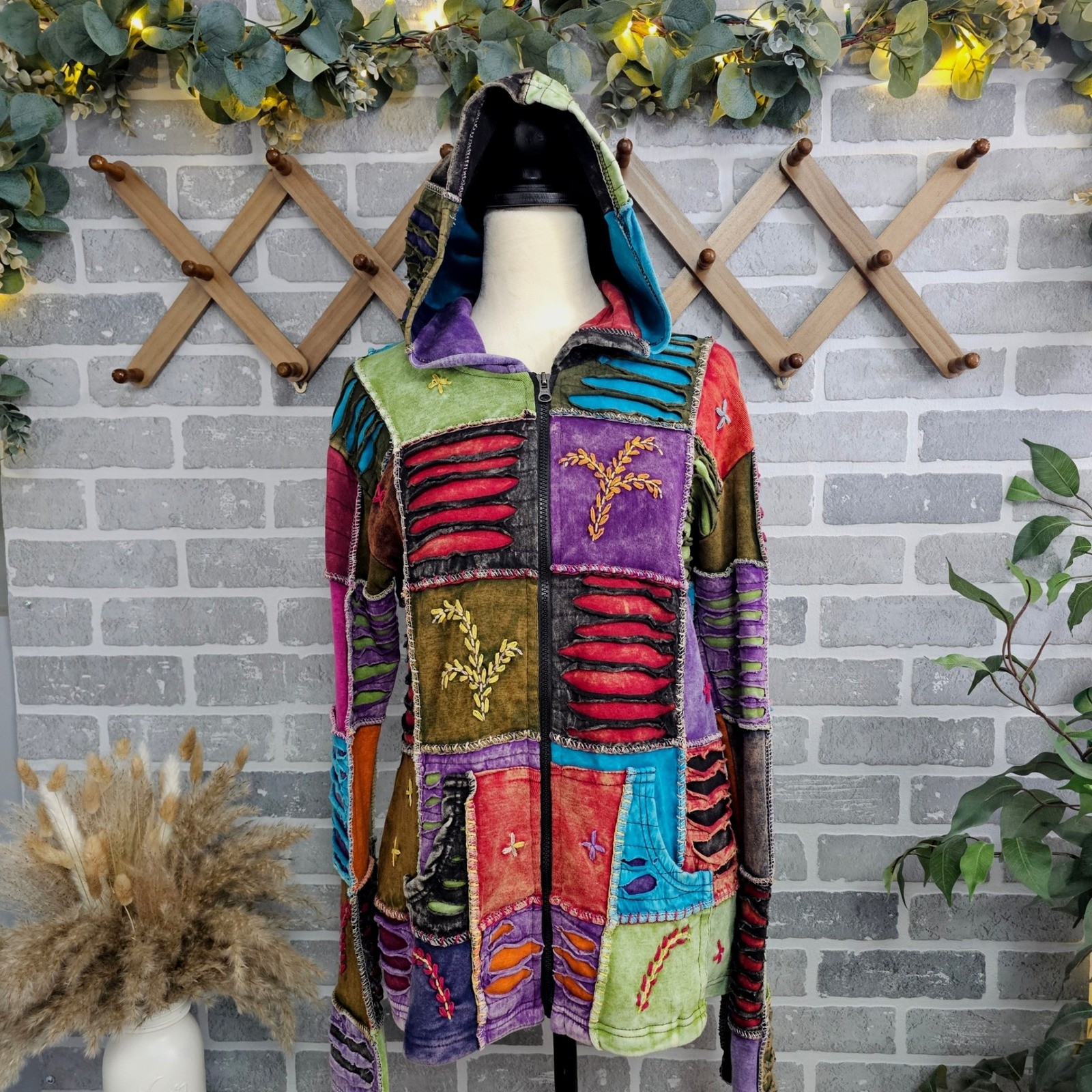 KPC Patchwork Full Zip Jacket Boho Gypsy Festival Cotton Blend Medium *READ*