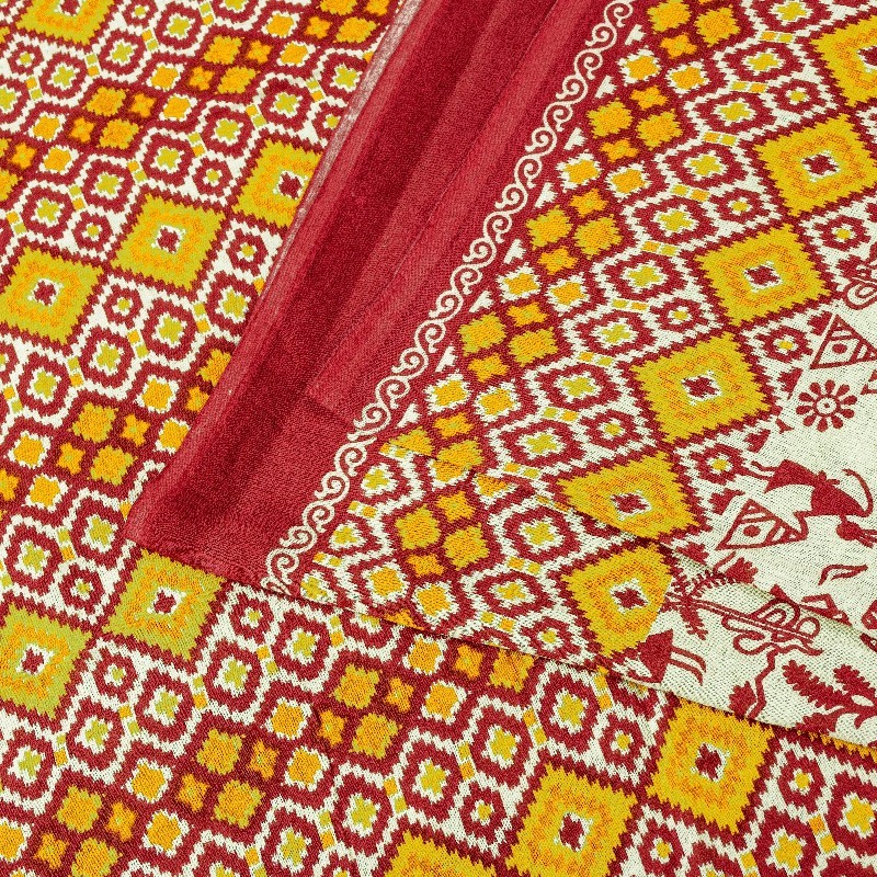Sanskriti Vintage Saree Soft Red-Cream WarliArt Pure Cotton Geometric Print 5+Yd