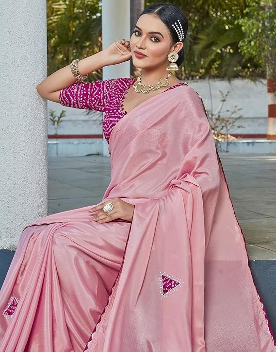 Women’s Cotton Silk Patch and Stone Work Saree With Unstitched Blouse Piece