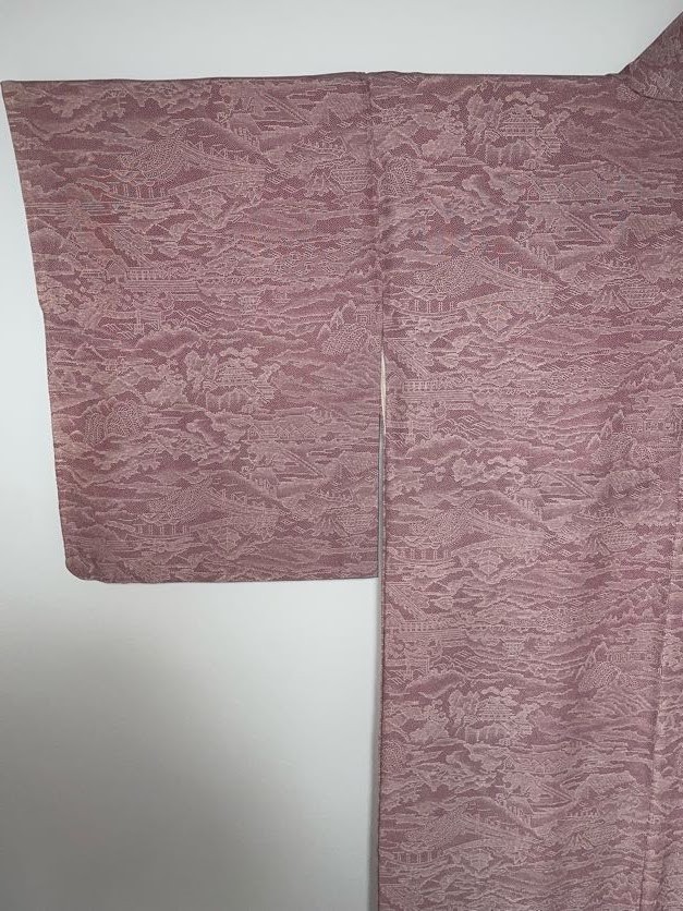 Japanese Kimono Edo Komon Pure Silk Pink Landscape Scenic Vintage Excellent XS