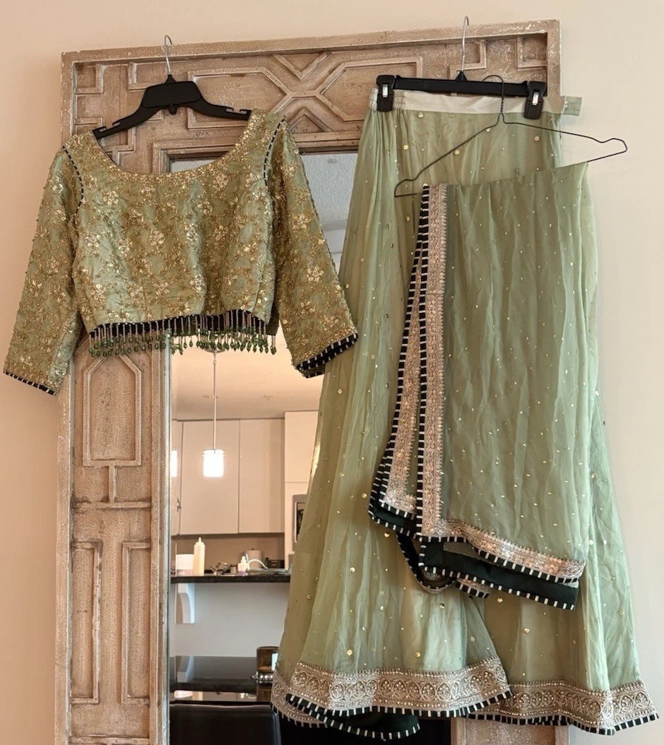 Beautiful Mint Green & Gold Embroidered Lehenga Set