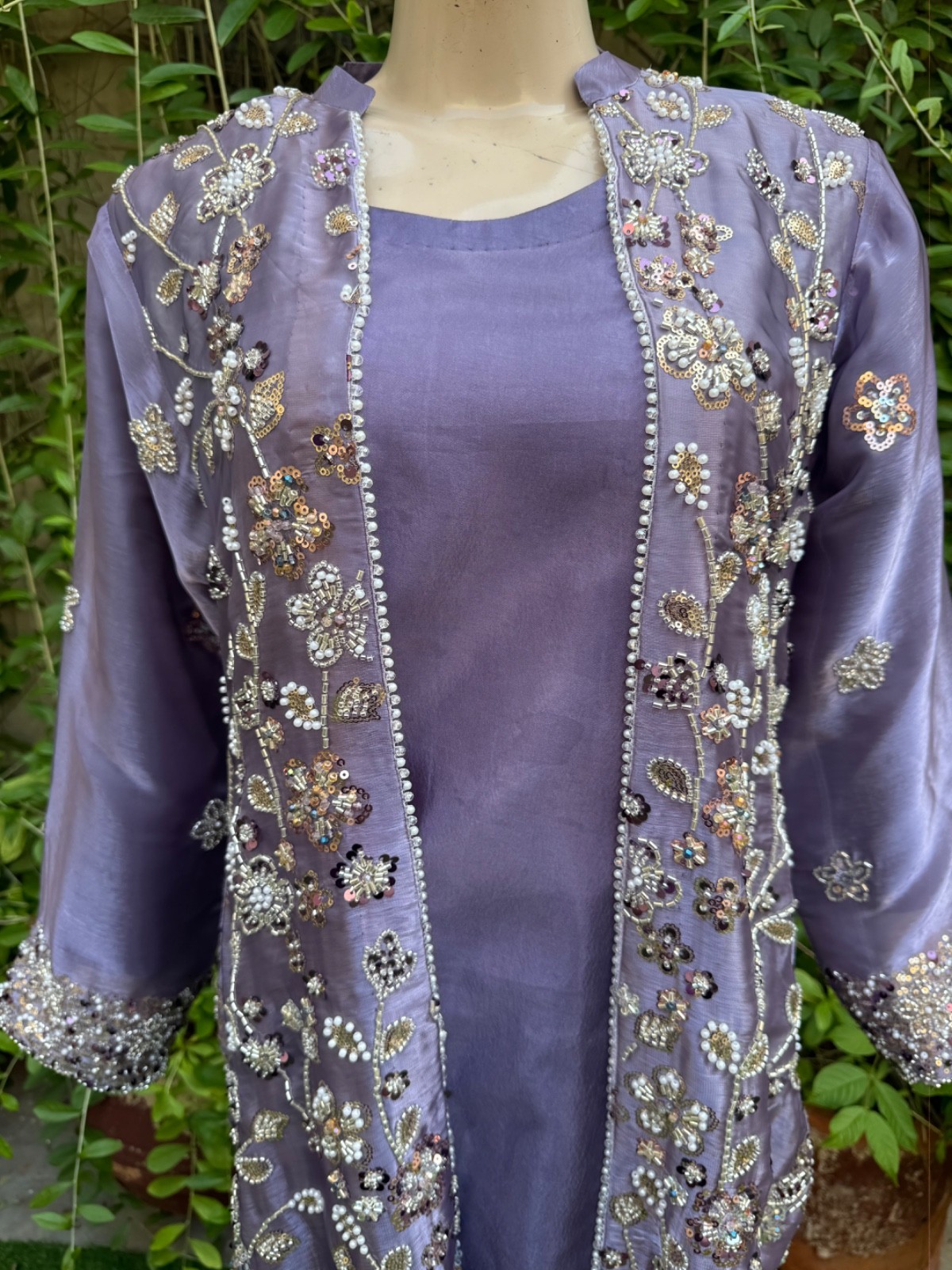 Pakistani purple silk long Gown shirt Style Embroidered Sequins Dress,L