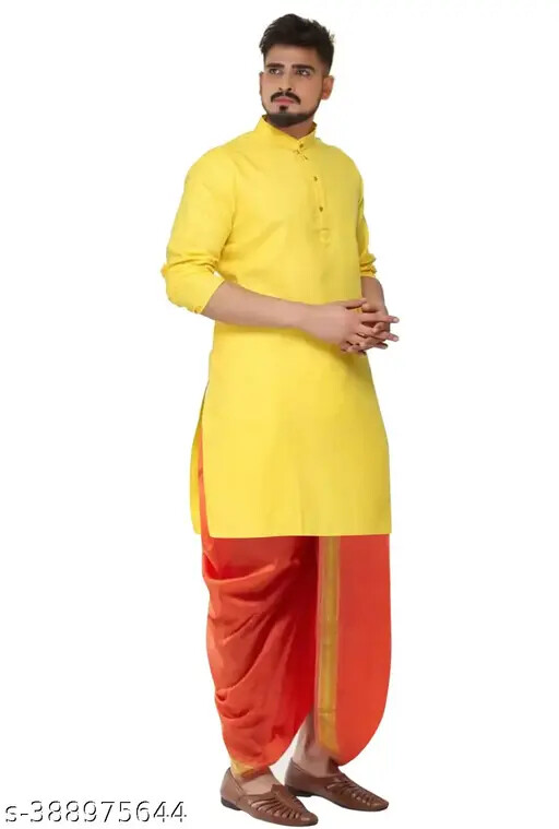 Indian Men Boys Traditional Cotton Kurta with readymade stitched silk dhoti