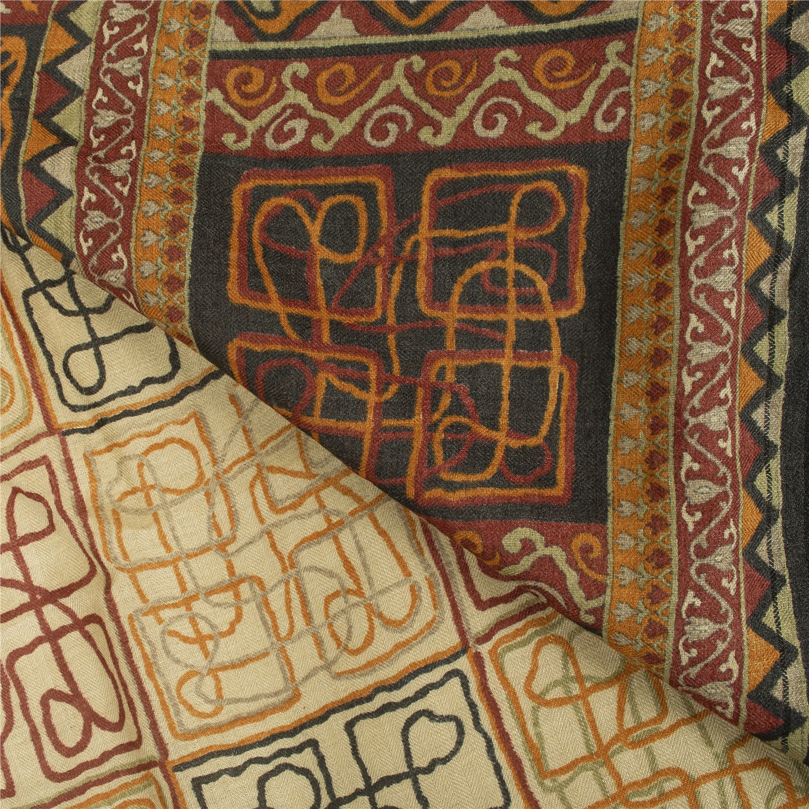 Sanskriti Vintage Ivory Sarees 100%Pure Woolen Abstract Printed 6+Yd Winter Sari