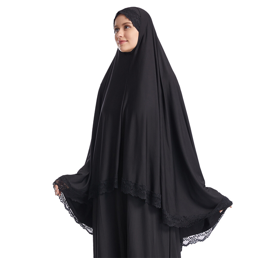 Muslim Women Ramadan Scarf Hijab Islam Prayer Turban Amair Lace Trim Headcover