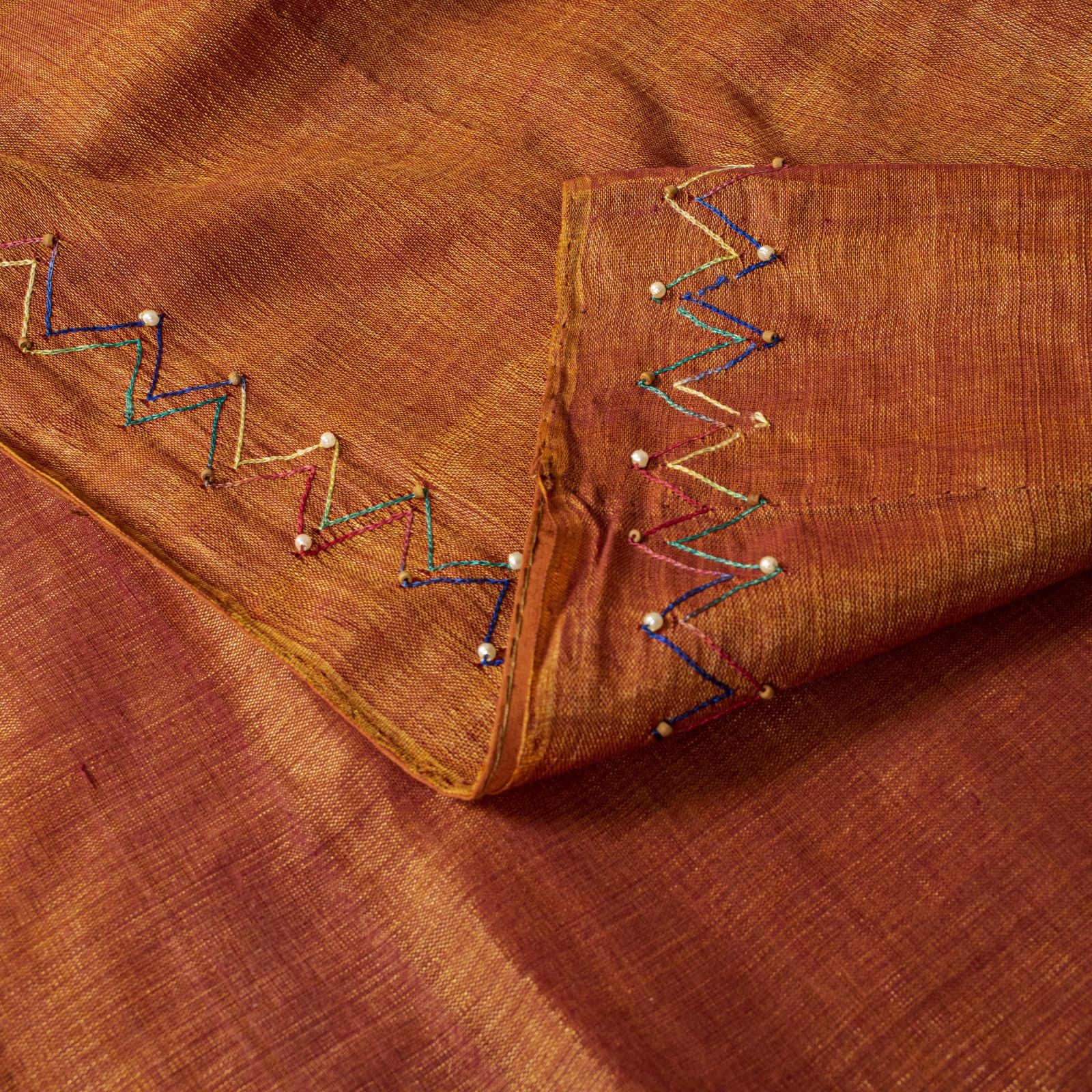 Sanskriti Vintage Saree Brown Cotton Silk Hand Beaded Craft Fabric Sari 5.5+Yd