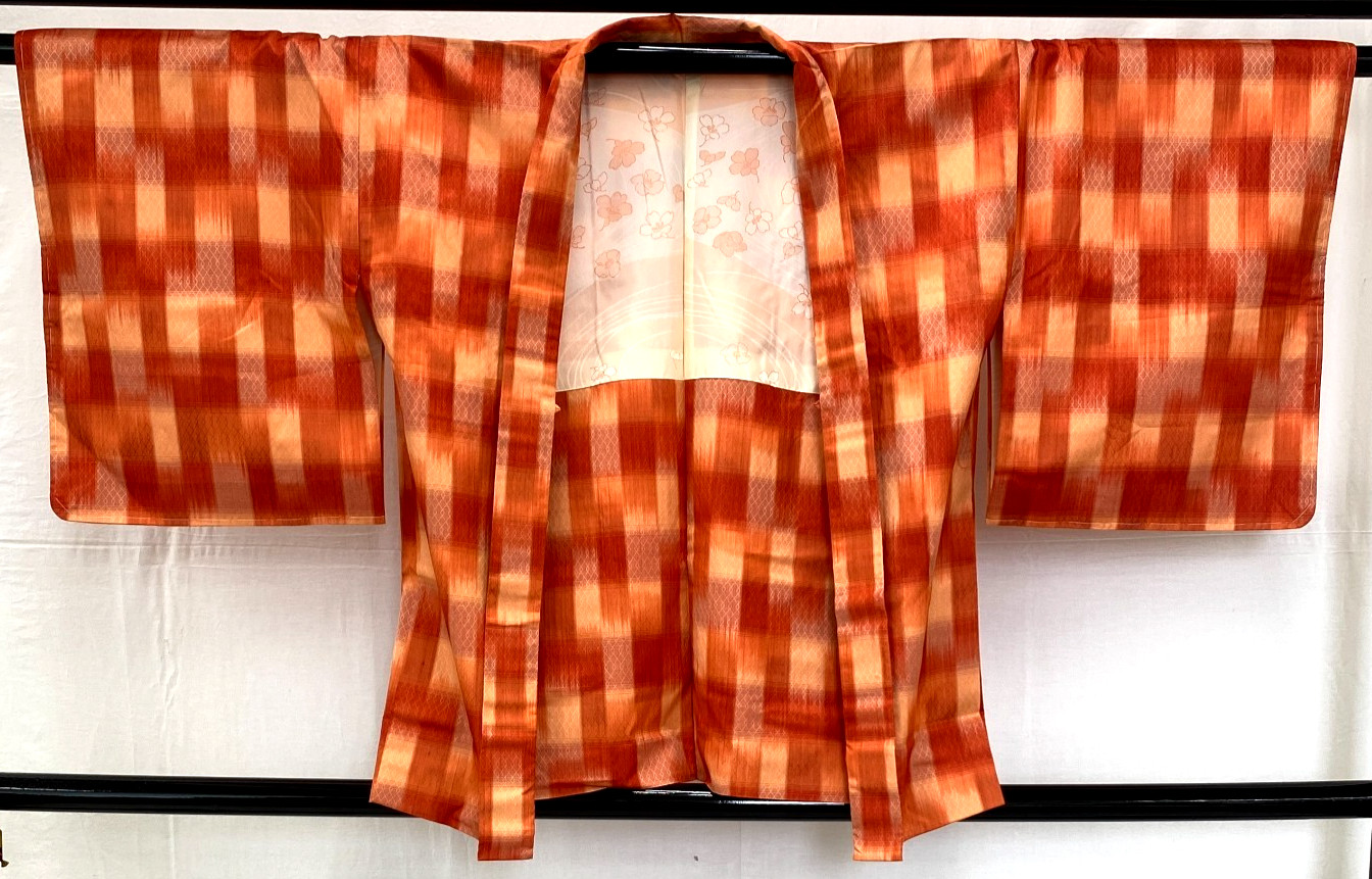 Japanese Vintage Kimono Haori Jacket Polyester Orange Traditional Authentic 29in