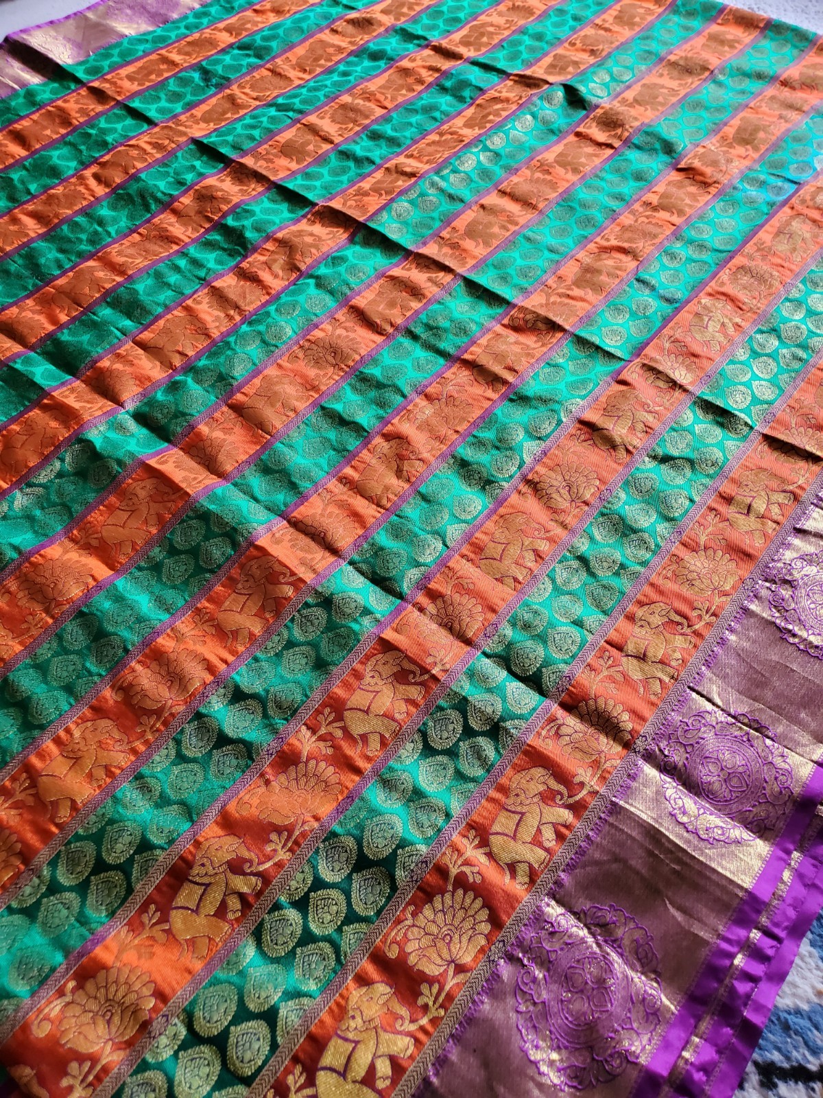 Authentic Pure Silk Dharmavaram Pure Silk Saree Horizontal Panels Green Orange