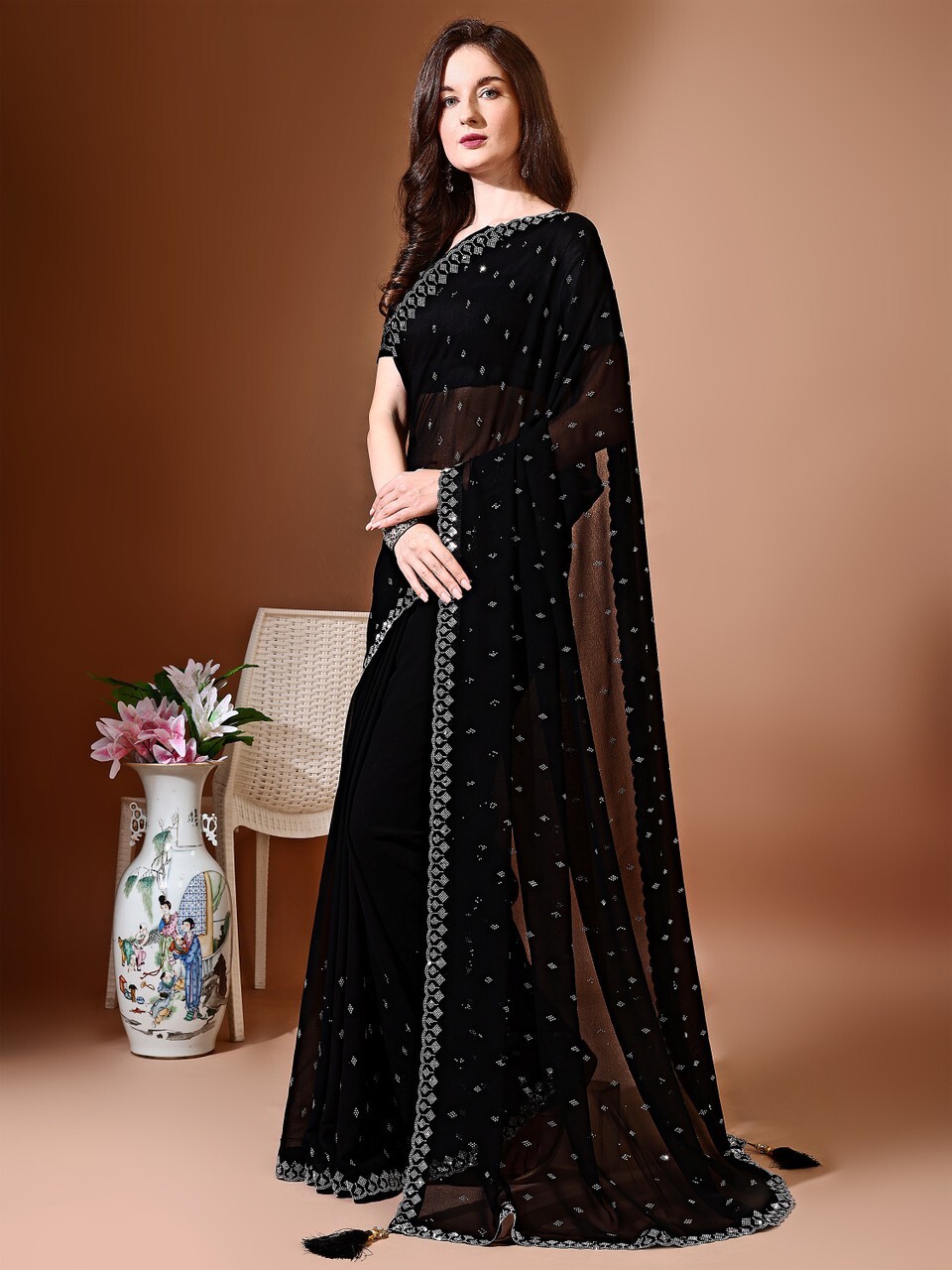 Embellished Bollywood Chiffon Saree (Black)