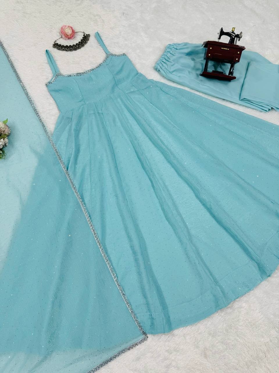 Latest Stylish Crunch Silk Sky Blue Gown Bottom With Dupatta For Festival Wear