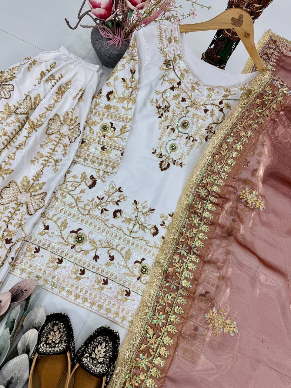 Stunning Heavy Natural Silk White Top Palazzo With Dupatta For Women & Girls