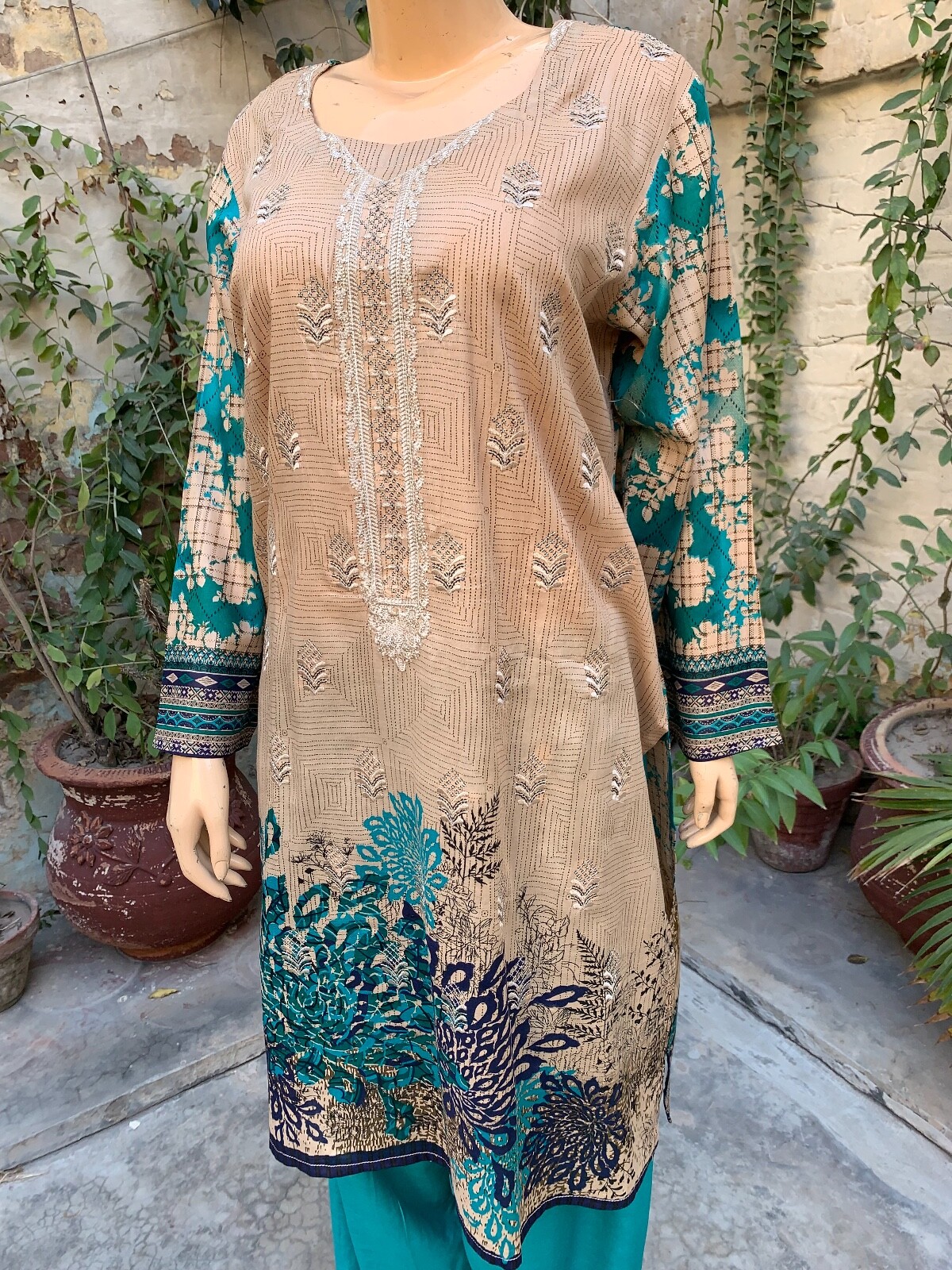 Pakistani Beige & Teal Printed Straight Shirt 3-PCS Lawn Suit w/ Threadwork ,L
