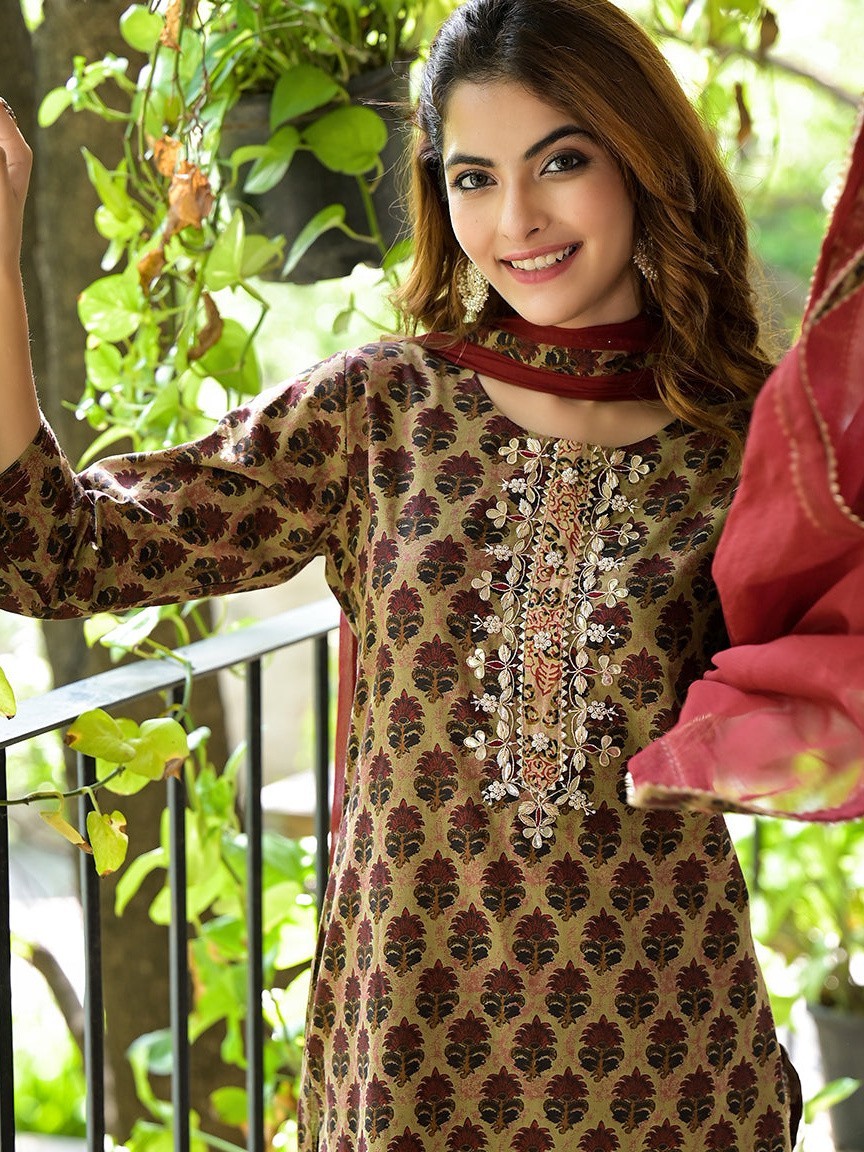Brown Zardozi Work Cotton Kurta Set Women Plus Size Straight Fit Ethnic Wear