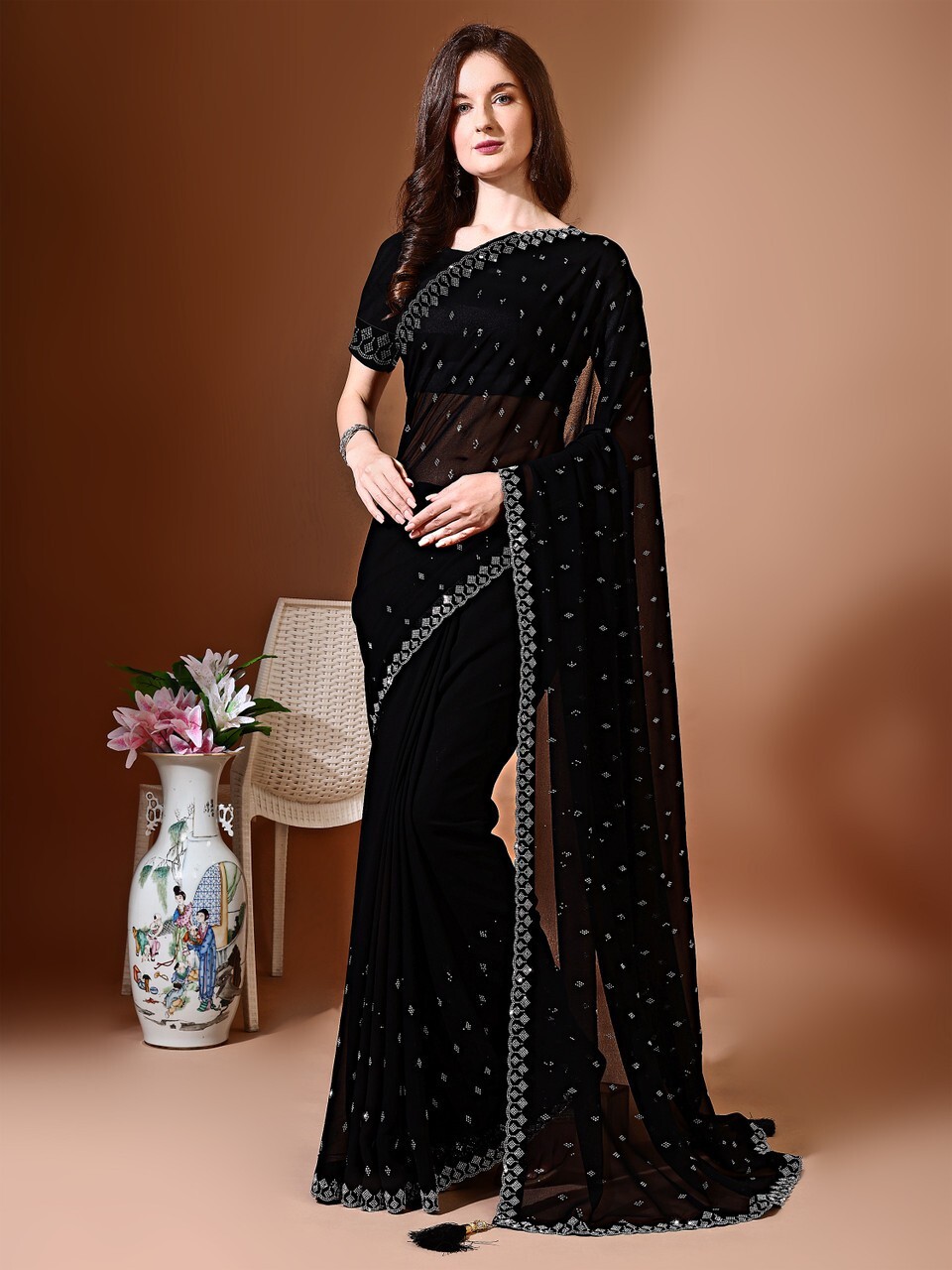 Embellished Bollywood Chiffon Saree (Black)