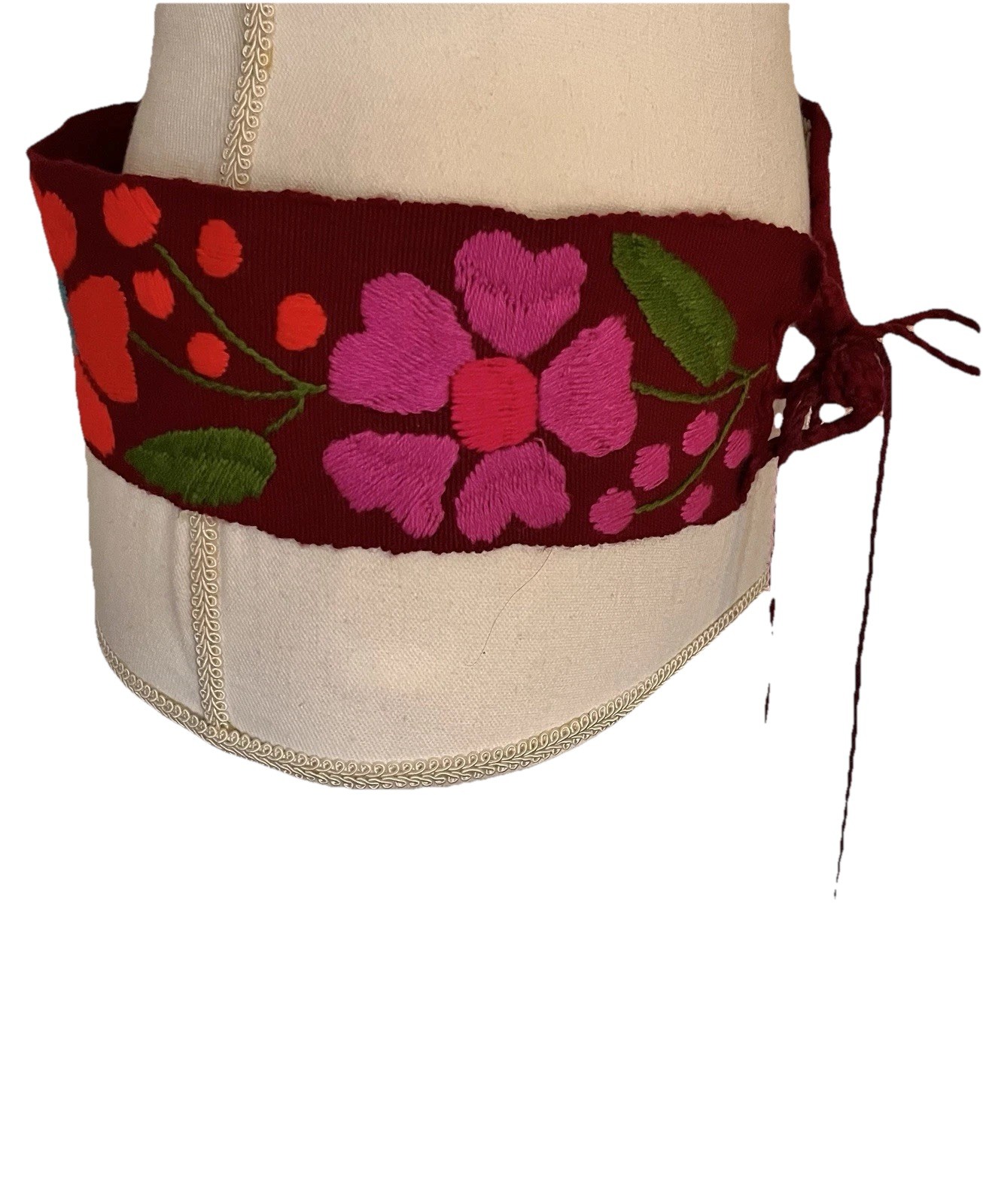 Tie Belt Embroidered Burgundy With Multicolor Flowers 35” Long 4” Wide 22” Ties