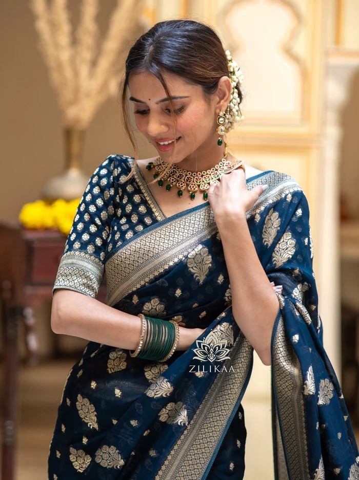 Navy Blue Wedding Saree Soft Lichi Silk Jacquard Rich Pallu Indian Ethnic Wear