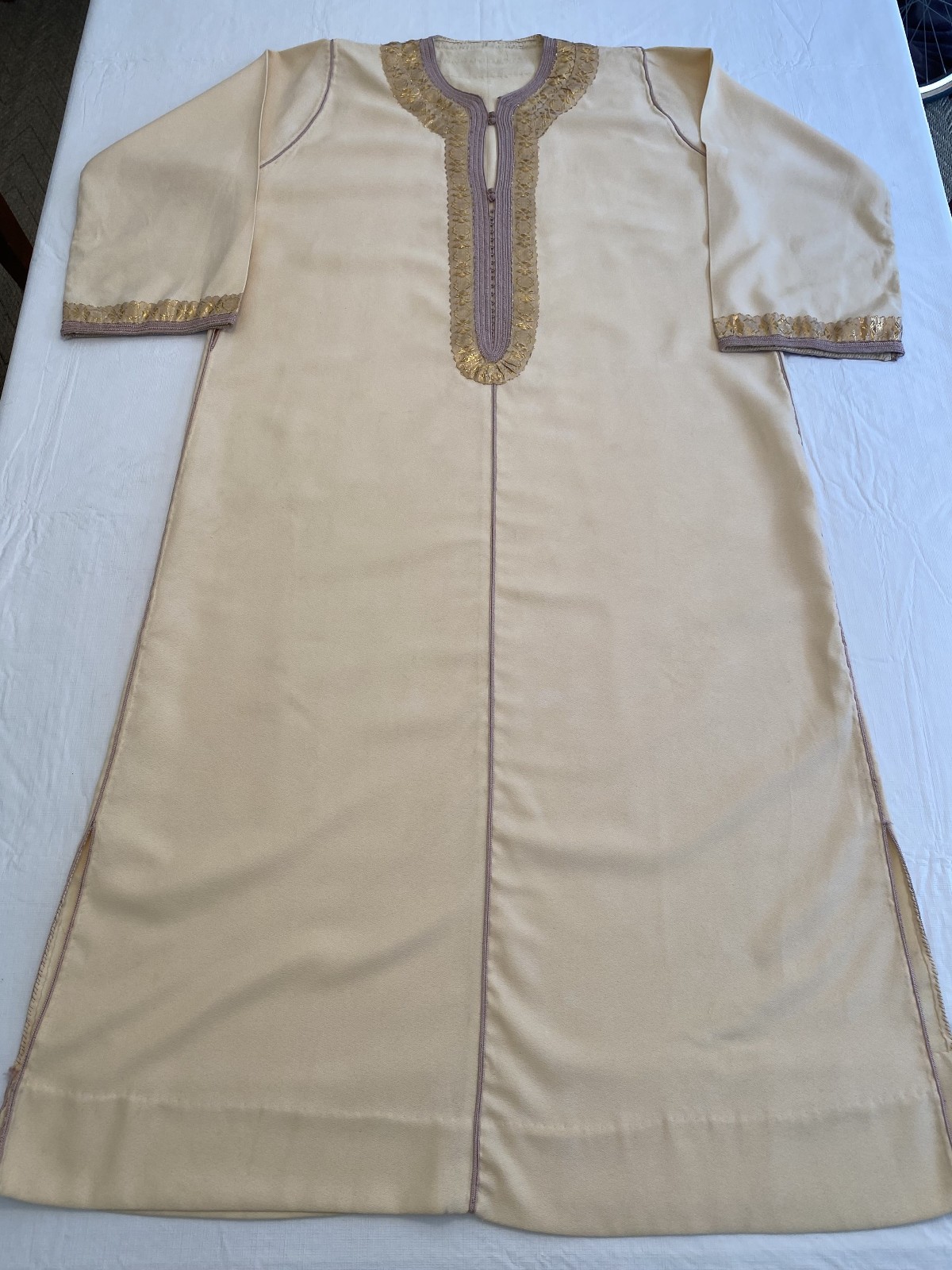 Vintage Moroccan Kaftan Gandoura Djellaba Cream and Gold with Hood
