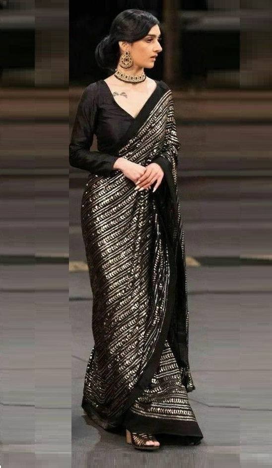 Party Wear Saree Designer Saree Blouse Sequins Sari Bollywood Indian Bride Ready