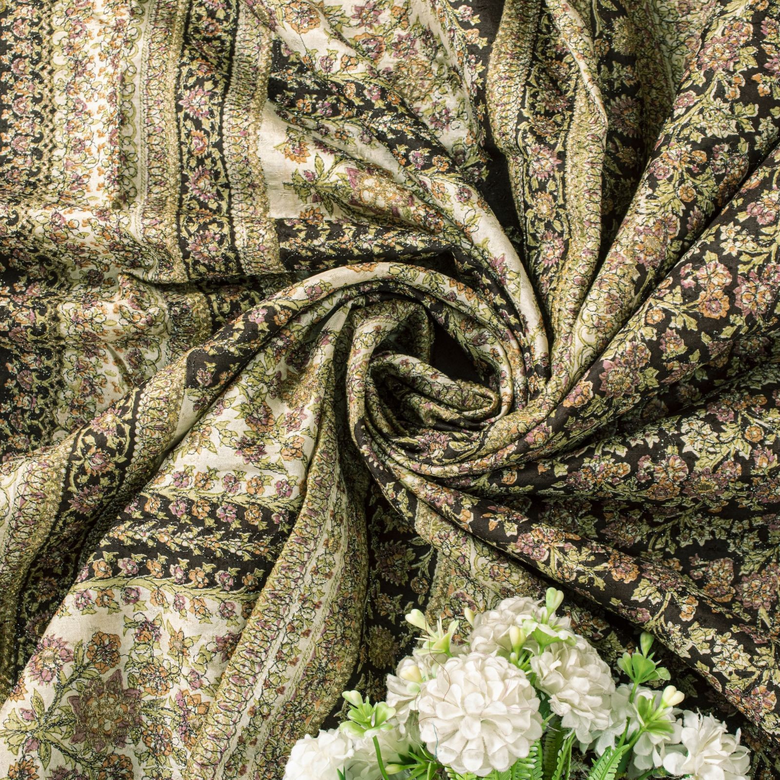Sanskriti Vintage Brown Saree Pure Silk Kantha Embroidered Floral Print Sari 5Yd