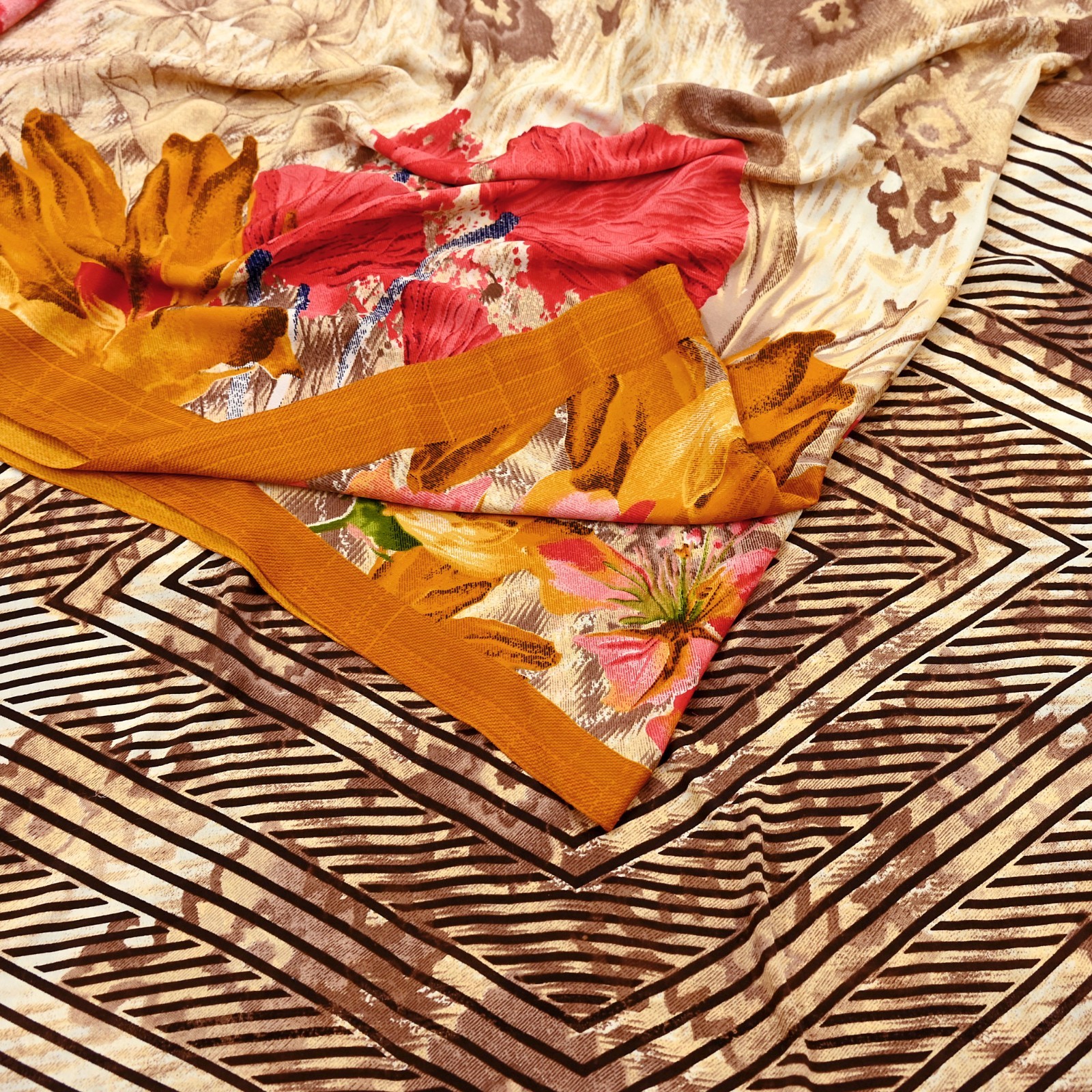 Indian Vintage Saree Brown & Ivory Moss Crepe Printed Sari Fabric 6yd Sewing