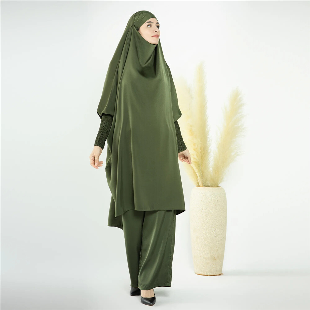 2pcs Set Abaya Women Muslim Prayer Tops Wide Leg Pant Prayer Khimar Islamic Arab