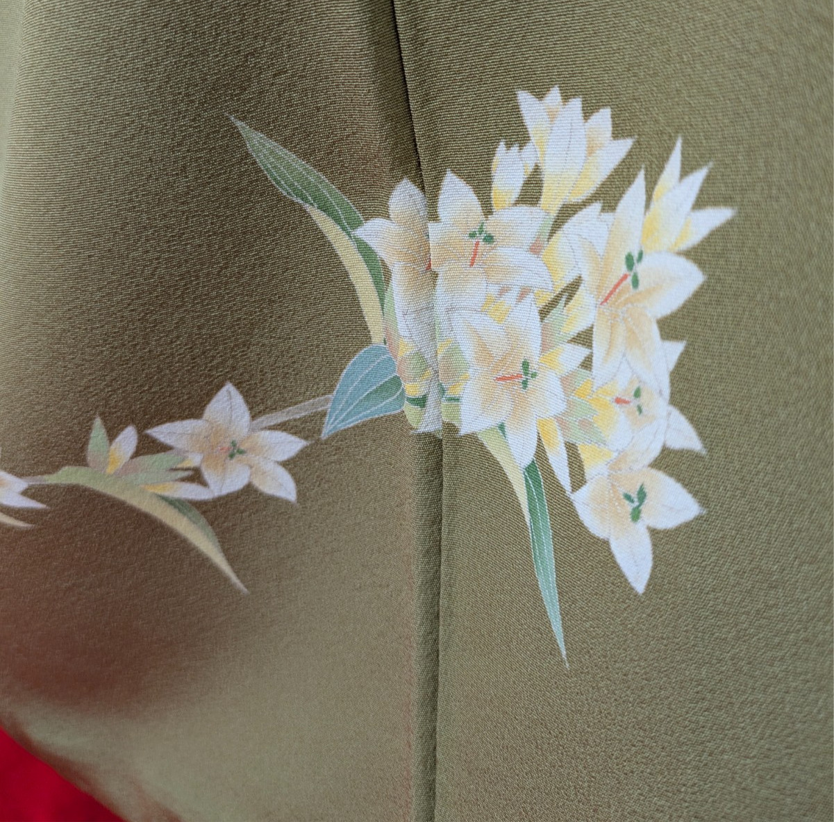 Vintage Japanese Kimono Silk Tomesode Green Hand Painted White Flower 1 Crest