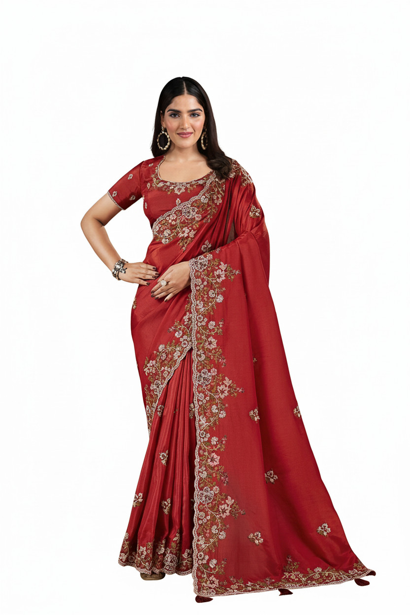 Elegant Women’s Embroidered Upada Silk Saree – Red
