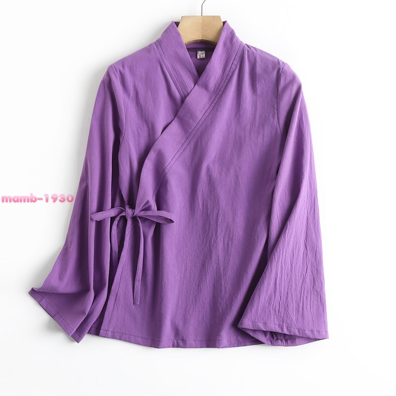 Chinese Style Womens Cotton Flared Long Sleeve Hanfu Cross Collar Tie Daily Wear