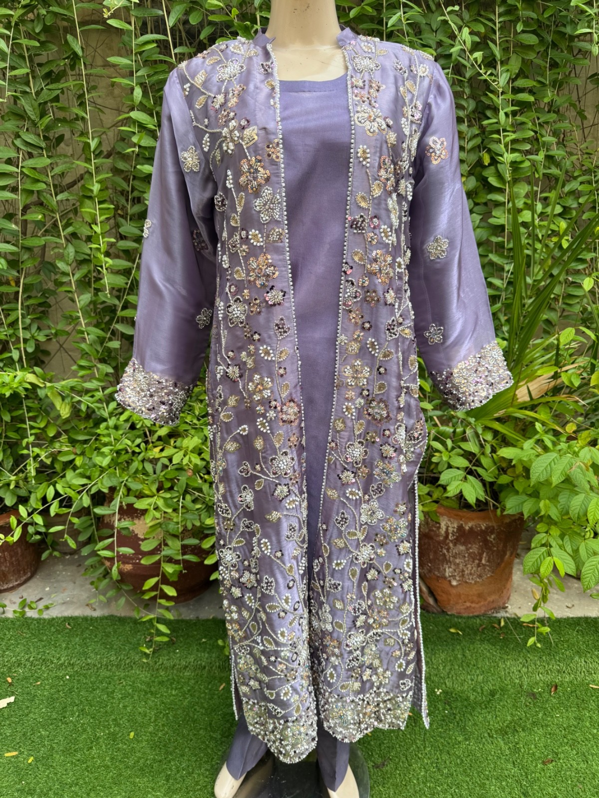 Pakistani purple silk long Gown shirt Style Embroidered Sequins Dress,L