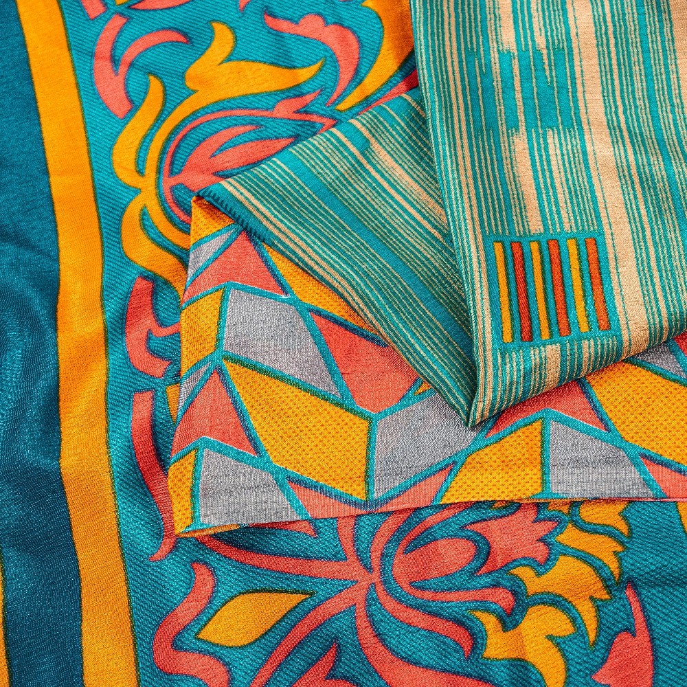 Sanskriti Vintage Blue Moss Crepe Sarees Floral Printed Indian 5+Yd Craft Fabric