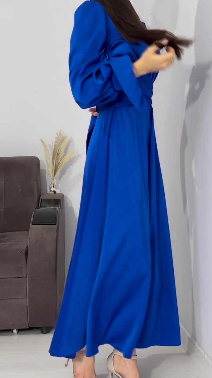 Women Long Dress Lantern Sleeves High Neck Party Plain Color Gown Lace Up Dress