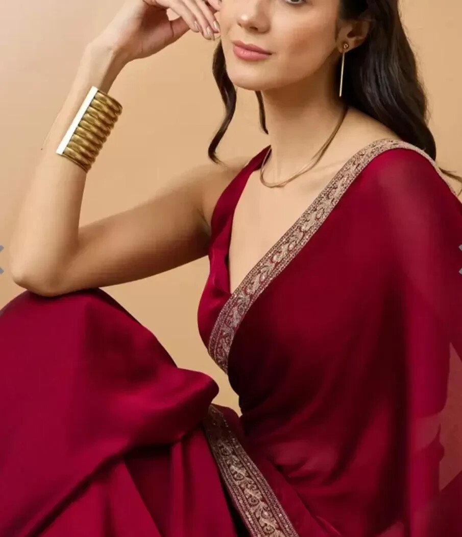 Maroon Satin Saree Sequence Embroidery Party Wear Free Petticoat
